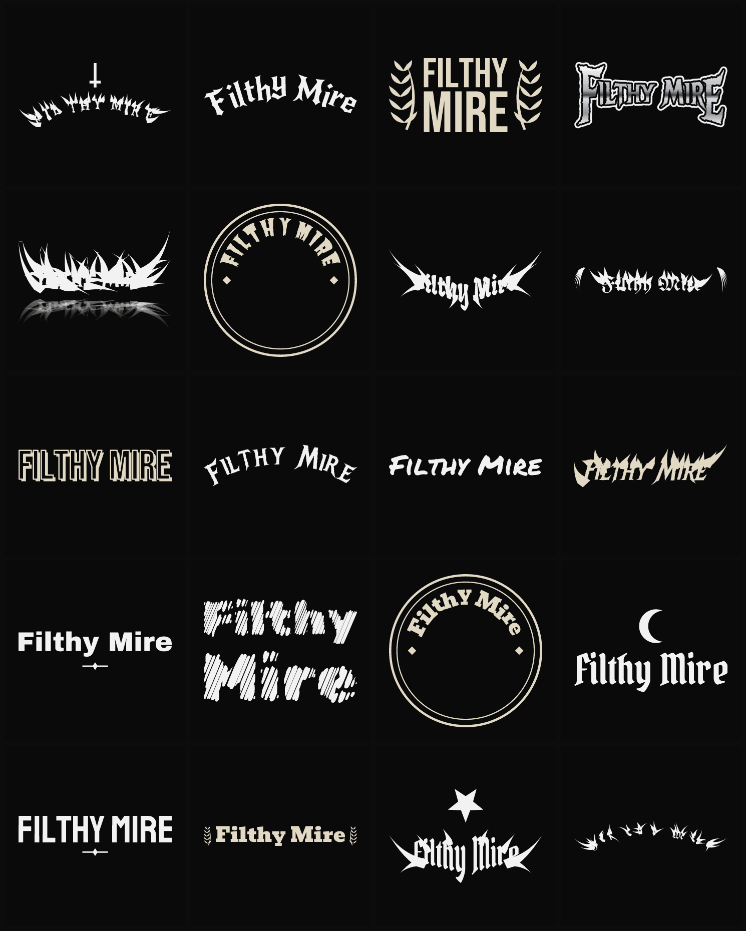 Twenty Filthy Mire band logo ideas — different faces, treatments and spike settings