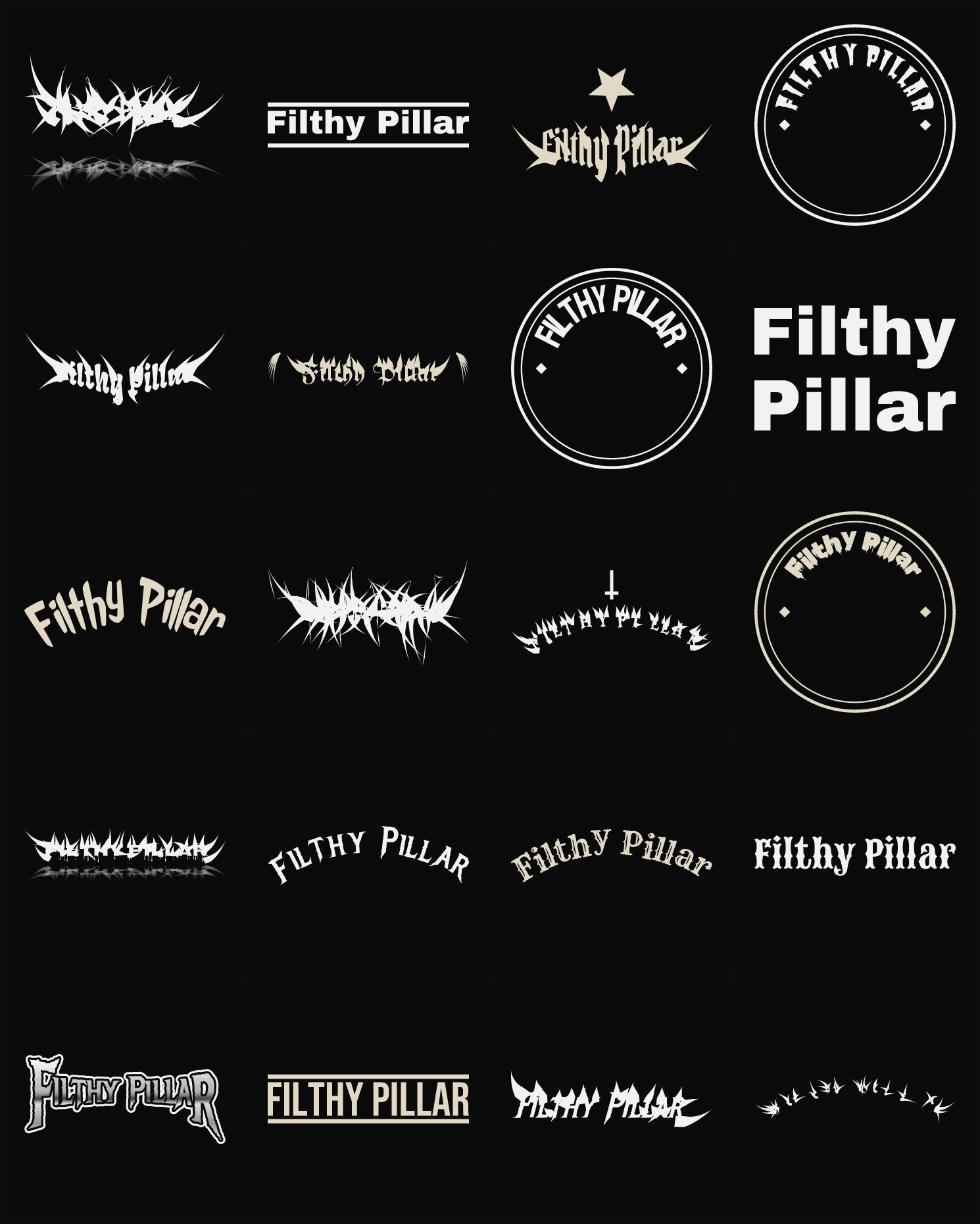 Twenty Filthy Pillar band logo ideas — different faces, treatments and spike settings