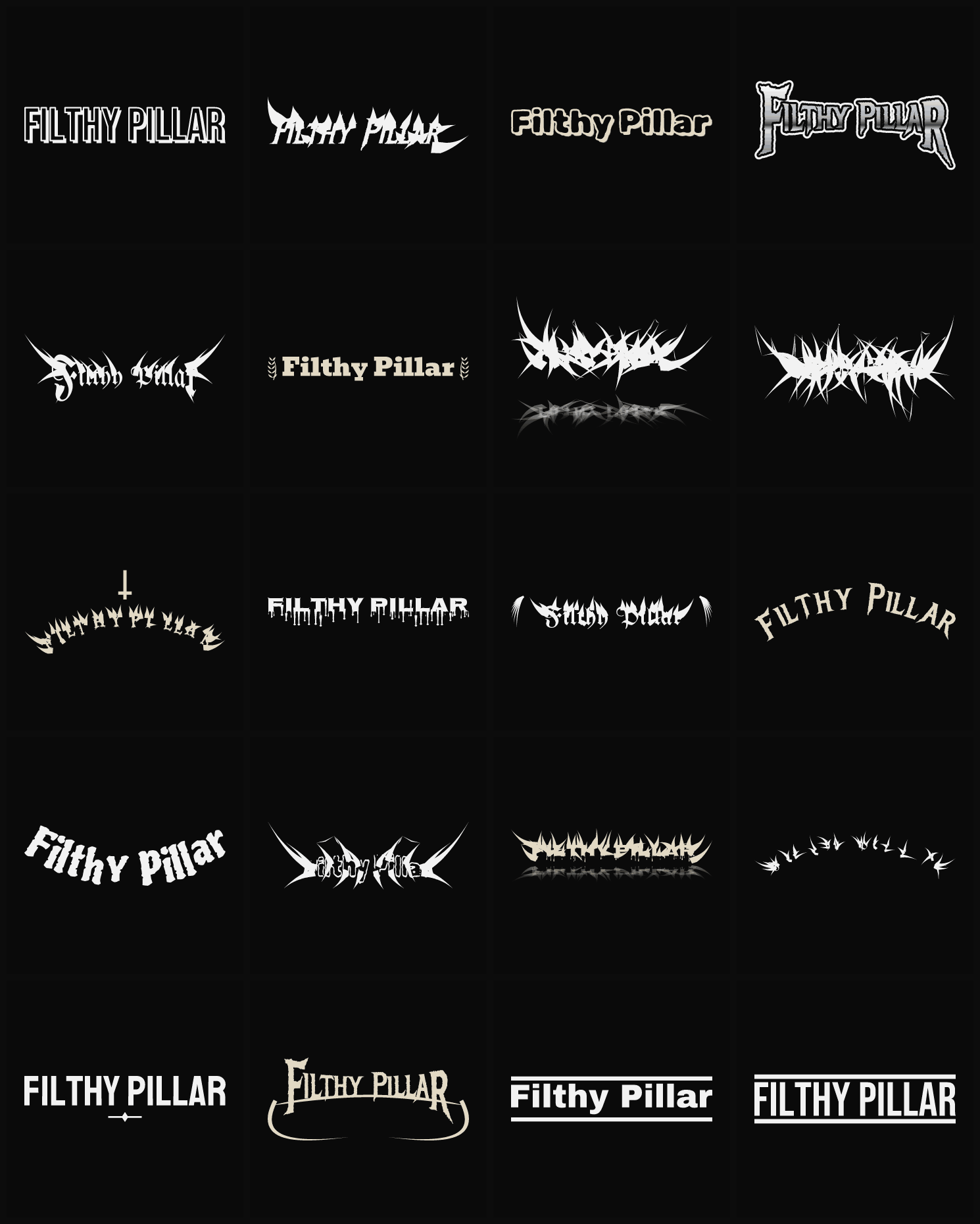 Twenty Filthy Pillar band logo ideas — different faces, treatments and spike settings