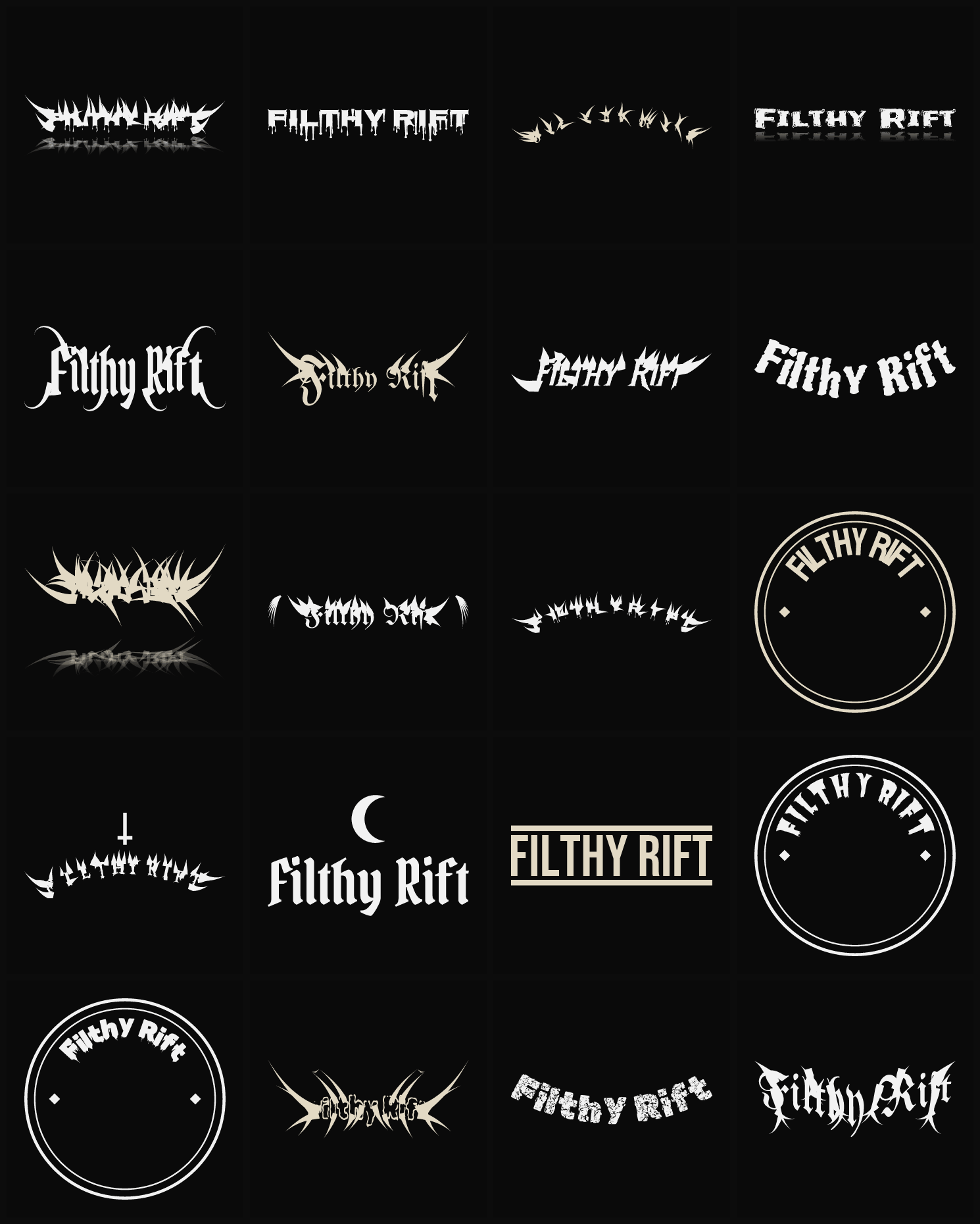 Twenty Filthy Rift band logo ideas — different faces, treatments and spike settings