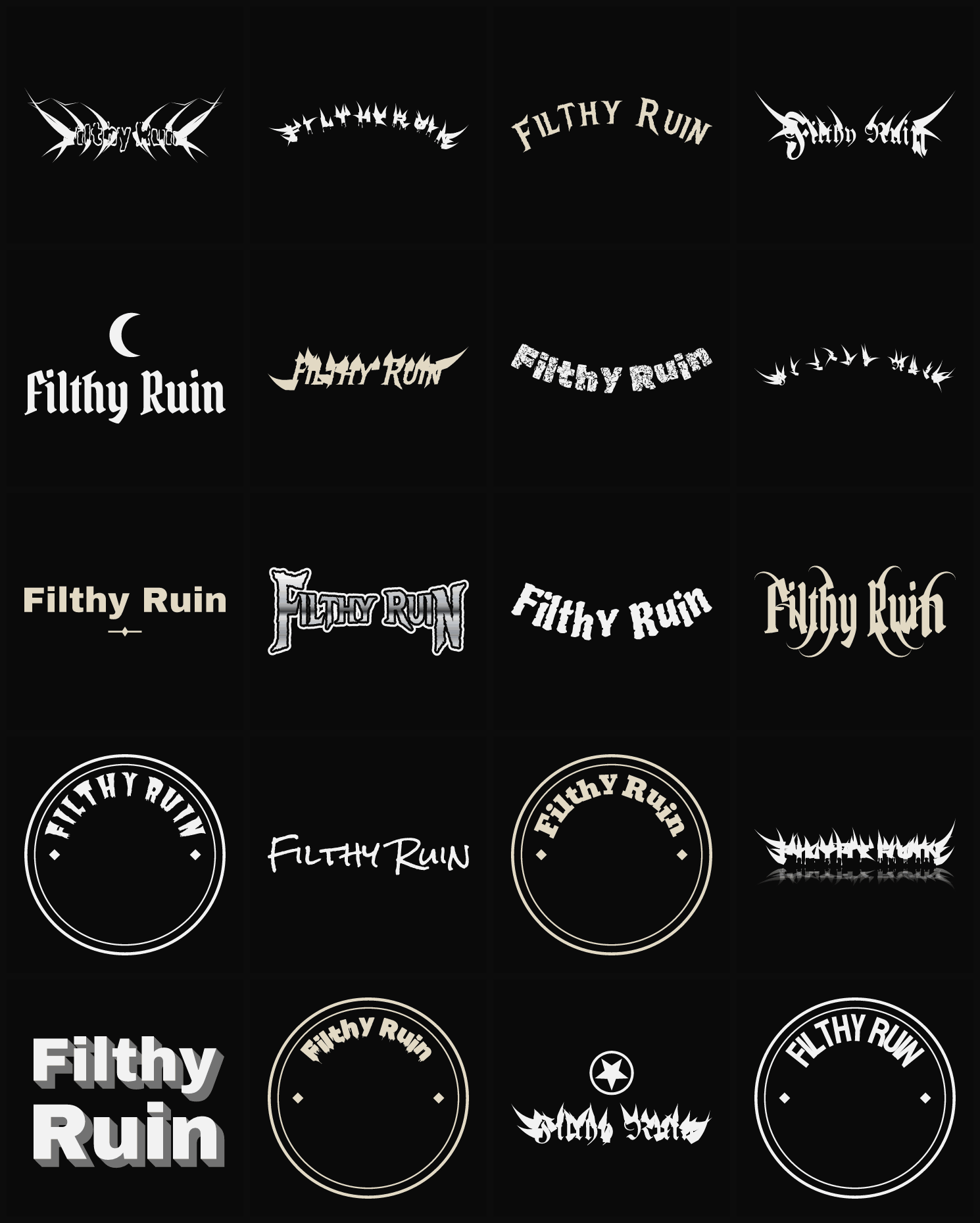 Twenty Filthy Ruin band logo ideas — different faces, treatments and spike settings