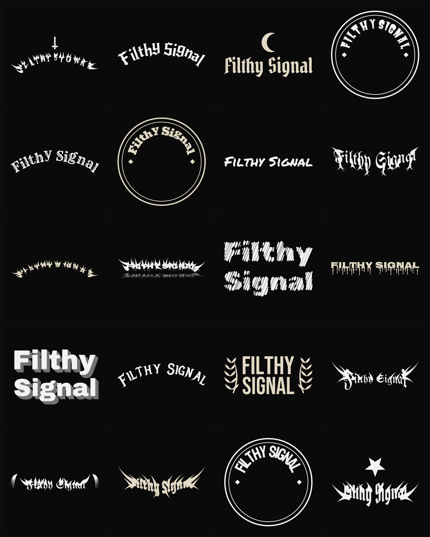 Twenty Filthy Signal band logo ideas — different faces, treatments and spike settings