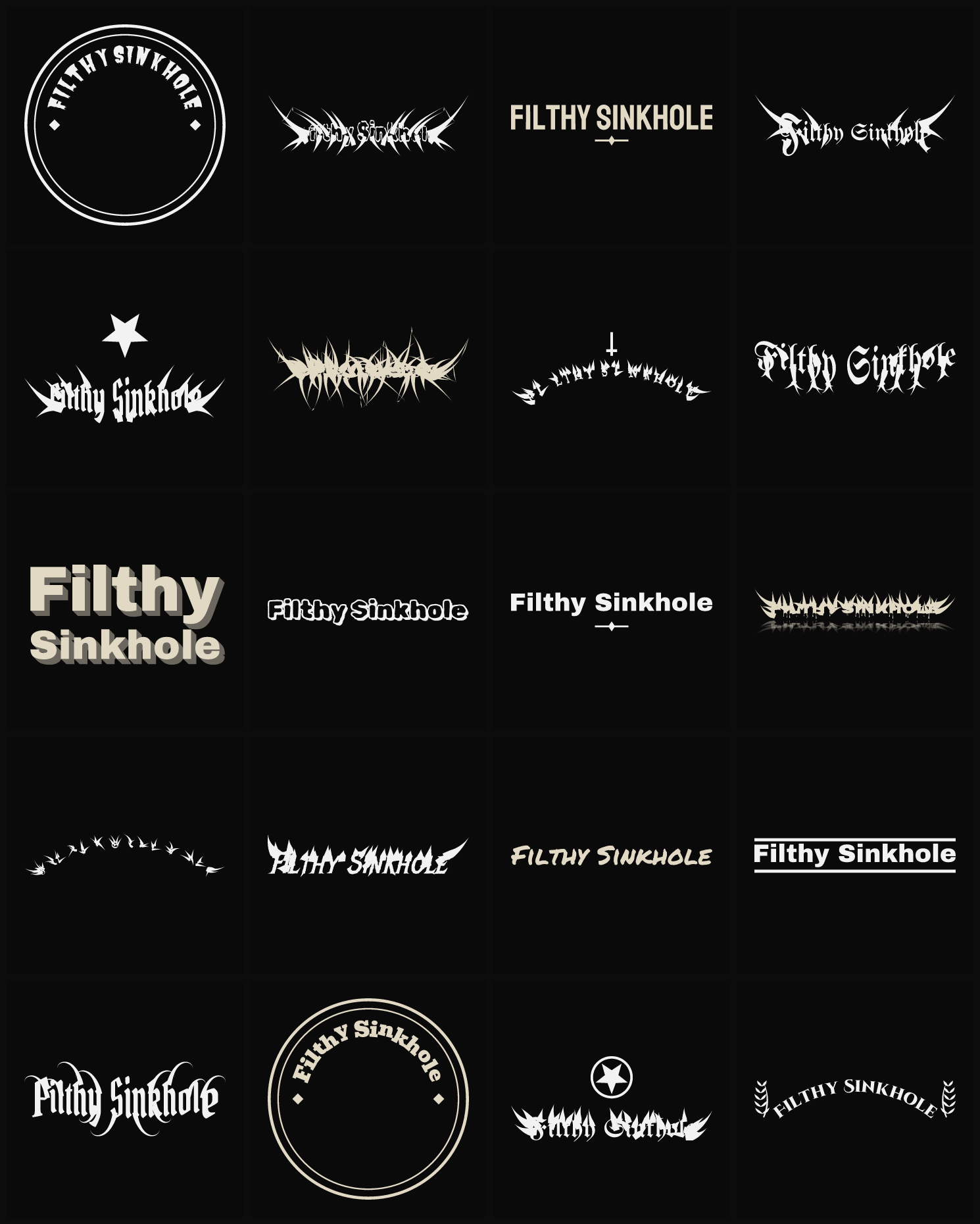 Twenty Filthy Sinkhole band logo ideas — different faces, treatments and spike settings