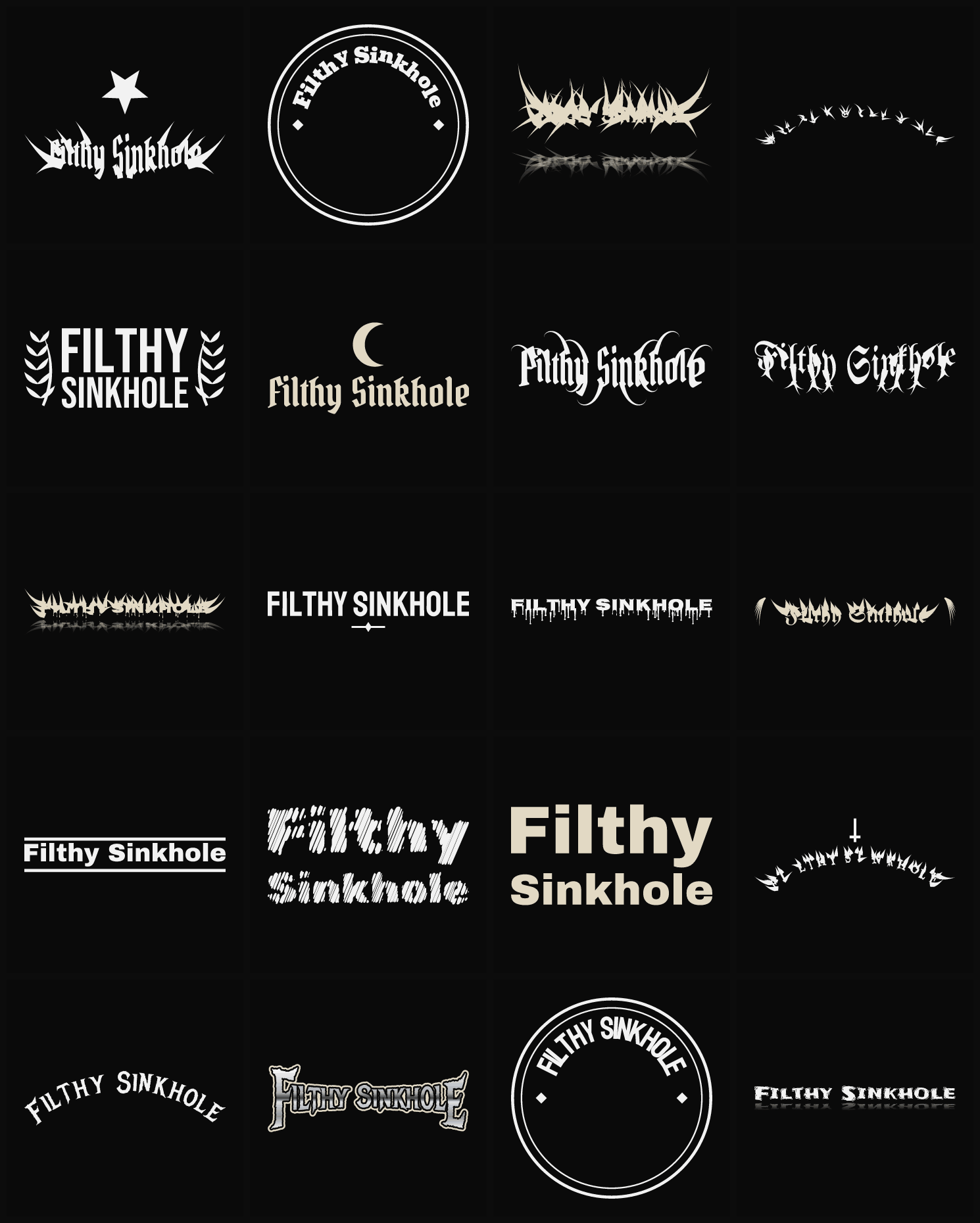 Twenty Filthy Sinkhole band logo ideas — different faces, treatments and spike settings
