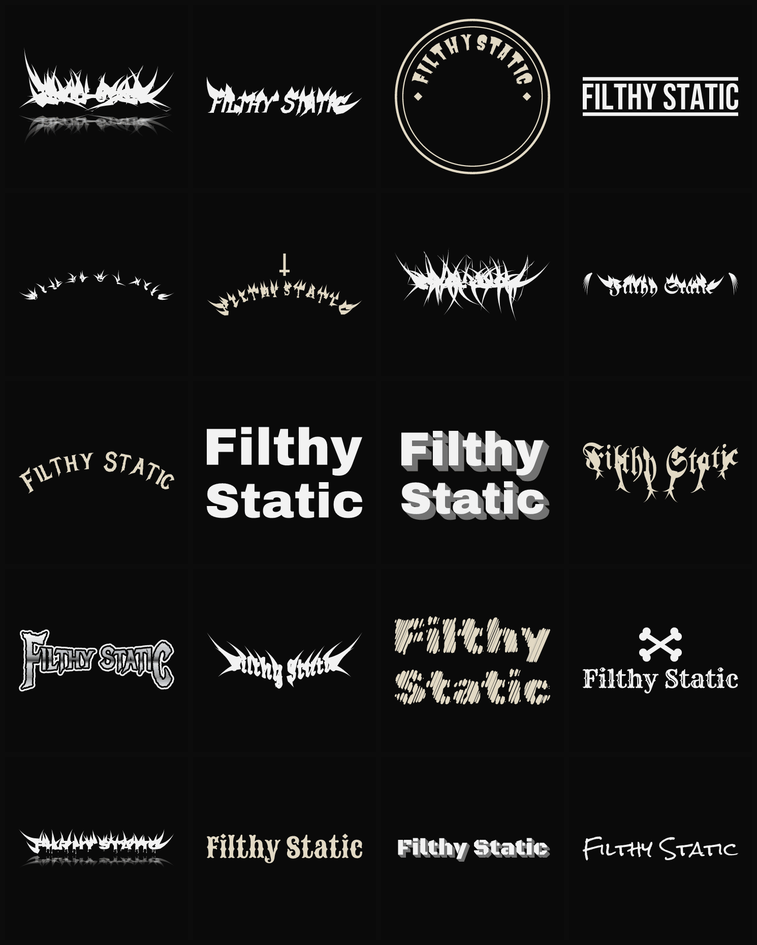 Twenty Filthy Static band logo ideas — different faces, treatments and spike settings