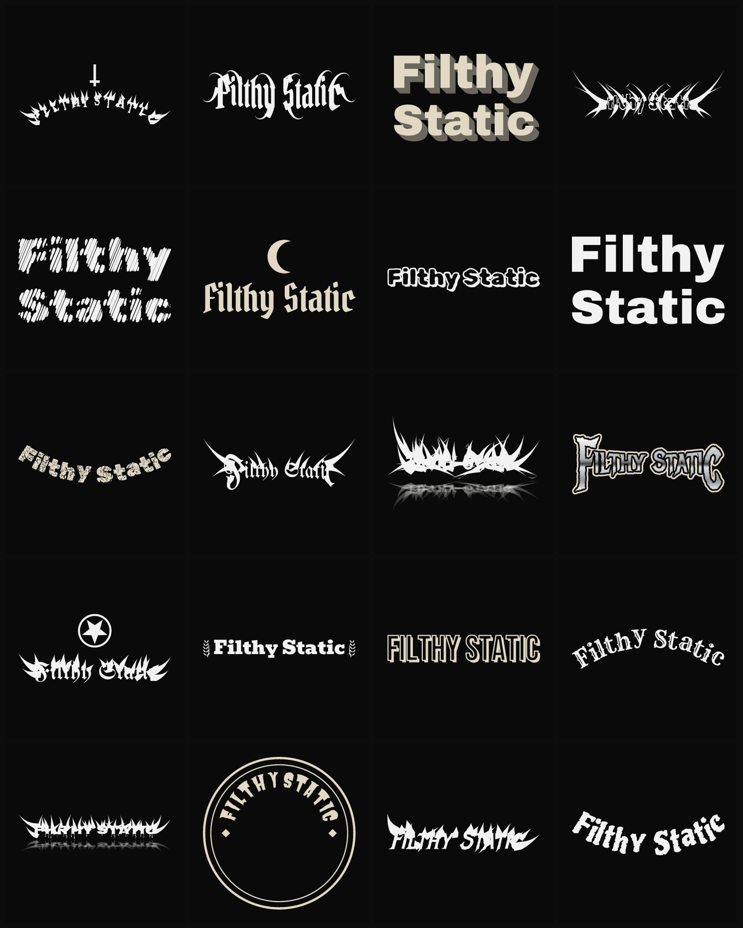 Twenty Filthy Static band logo ideas — different faces, treatments and spike settings