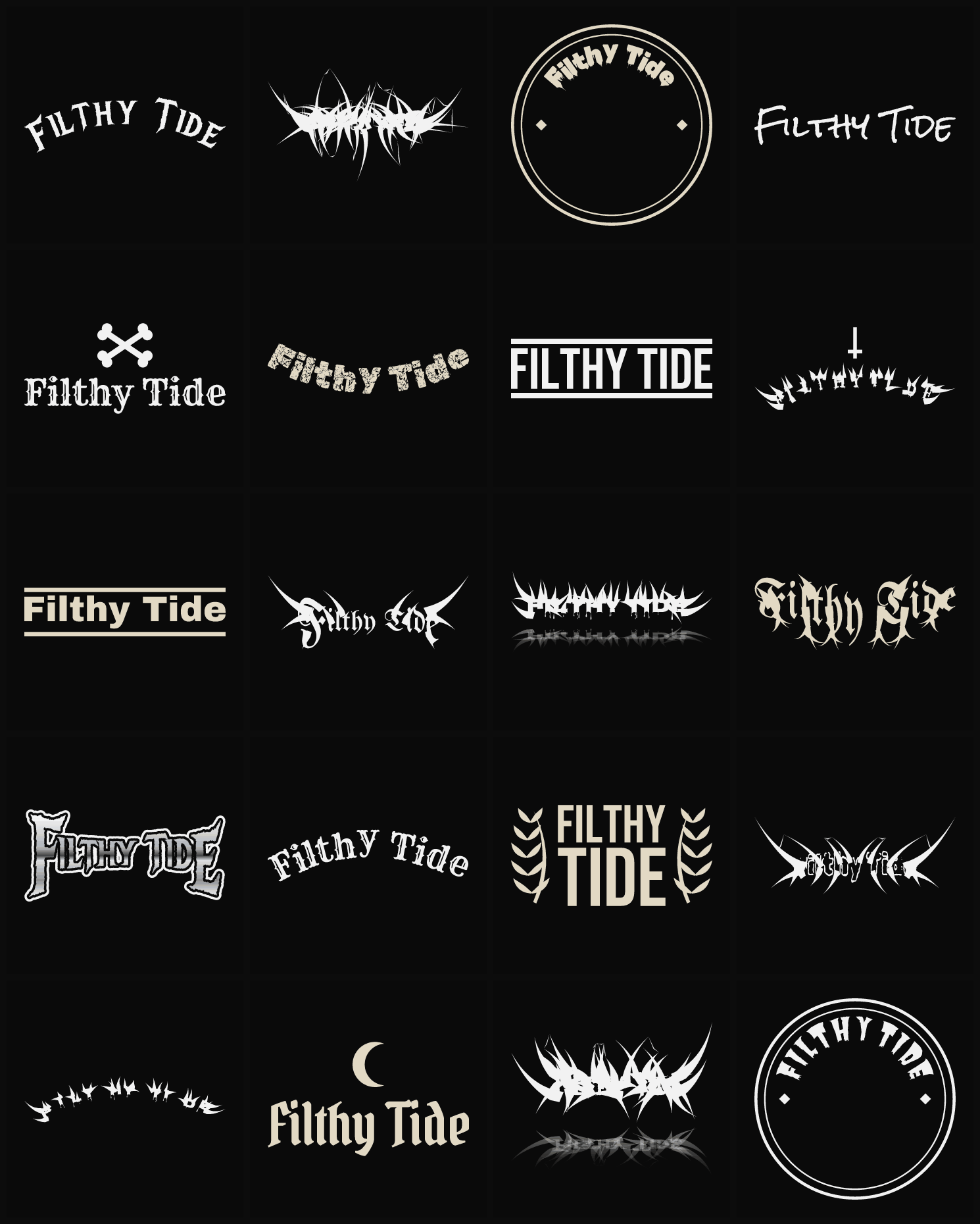 Twenty Filthy Tide band logo ideas — different faces, treatments and spike settings