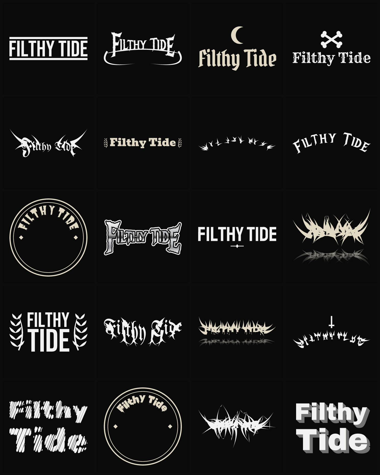 Twenty Filthy Tide band logo ideas — different faces, treatments and spike settings