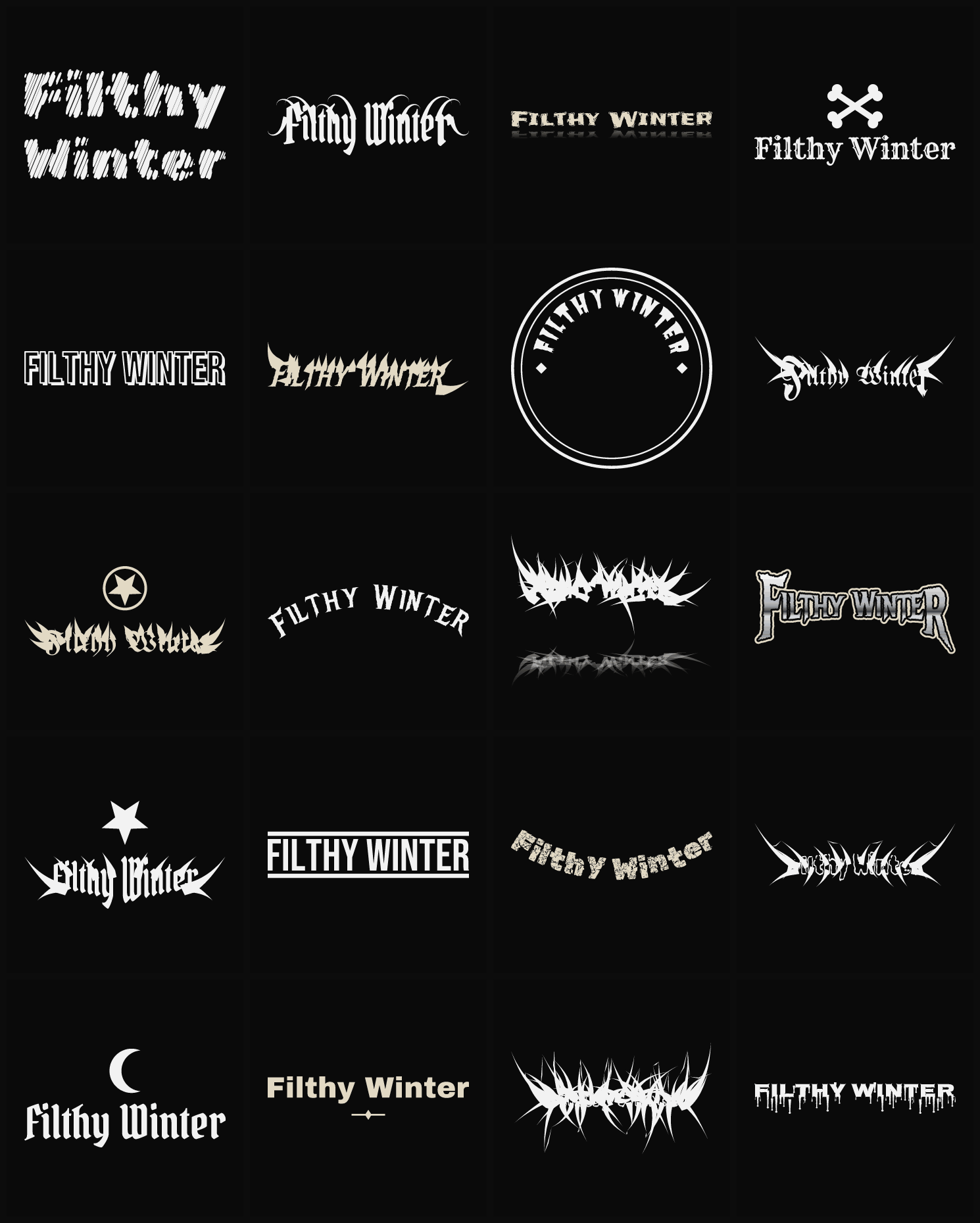 Twenty Filthy Winter band logo ideas — different faces, treatments and spike settings