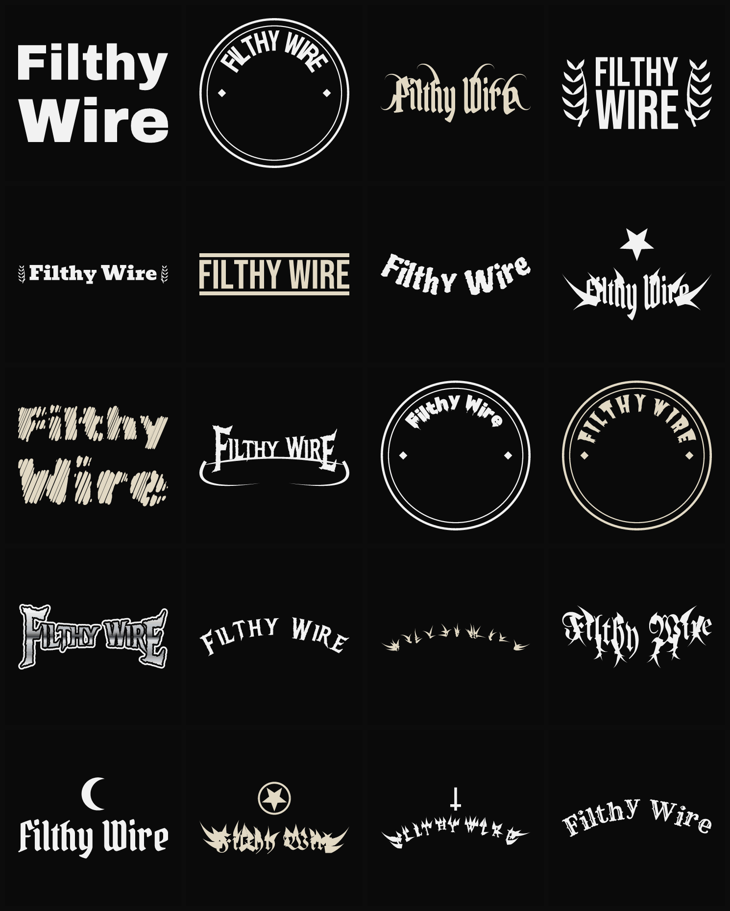 Twenty Filthy Wire band logo ideas — different faces, treatments and spike settings