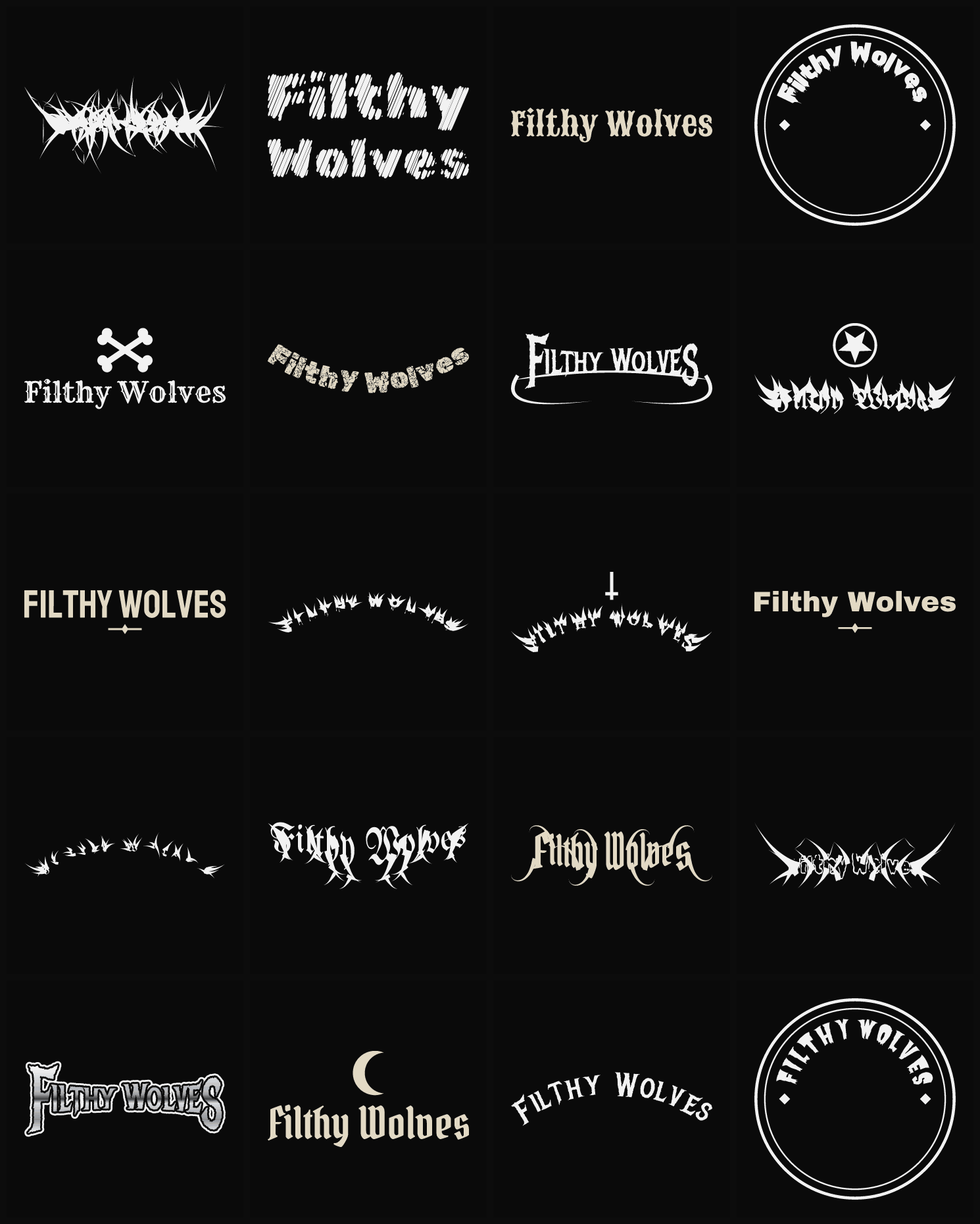 Twenty Filthy Wolves band logo ideas — different faces, treatments and spike settings