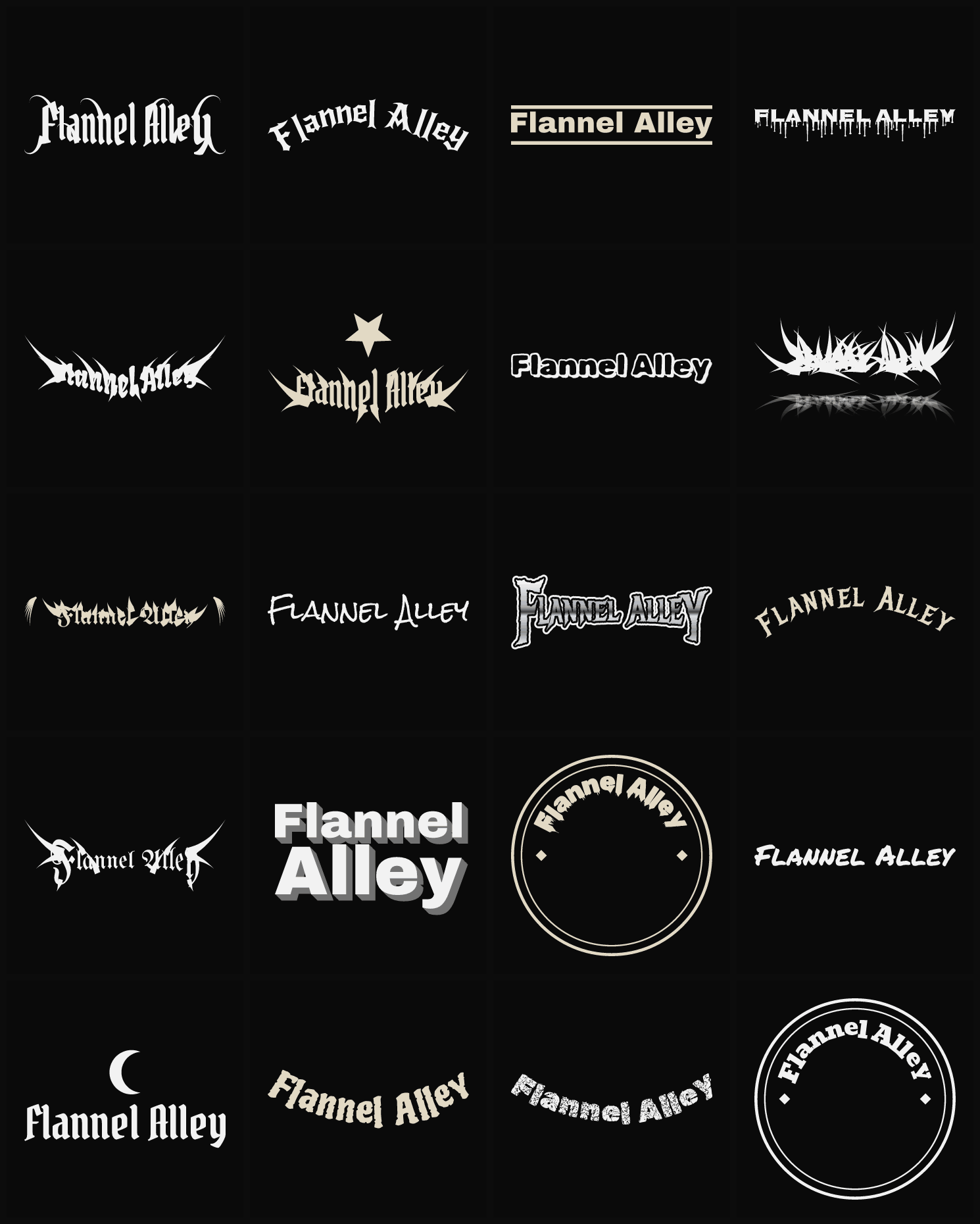 Twenty Flannel Alley band logo ideas — different faces, treatments and spike settings