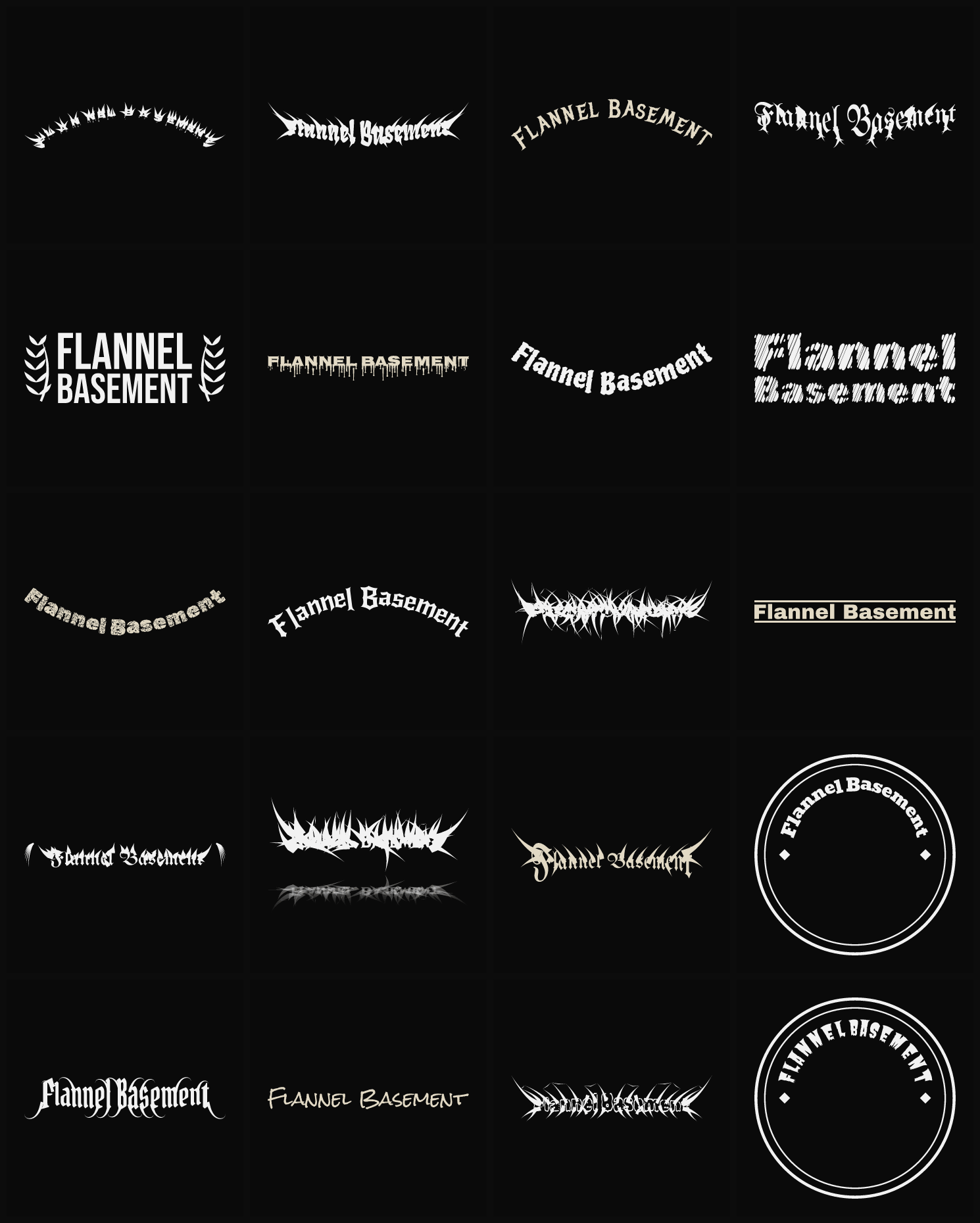 Twenty Flannel Basement band logo ideas — different faces, treatments and spike settings