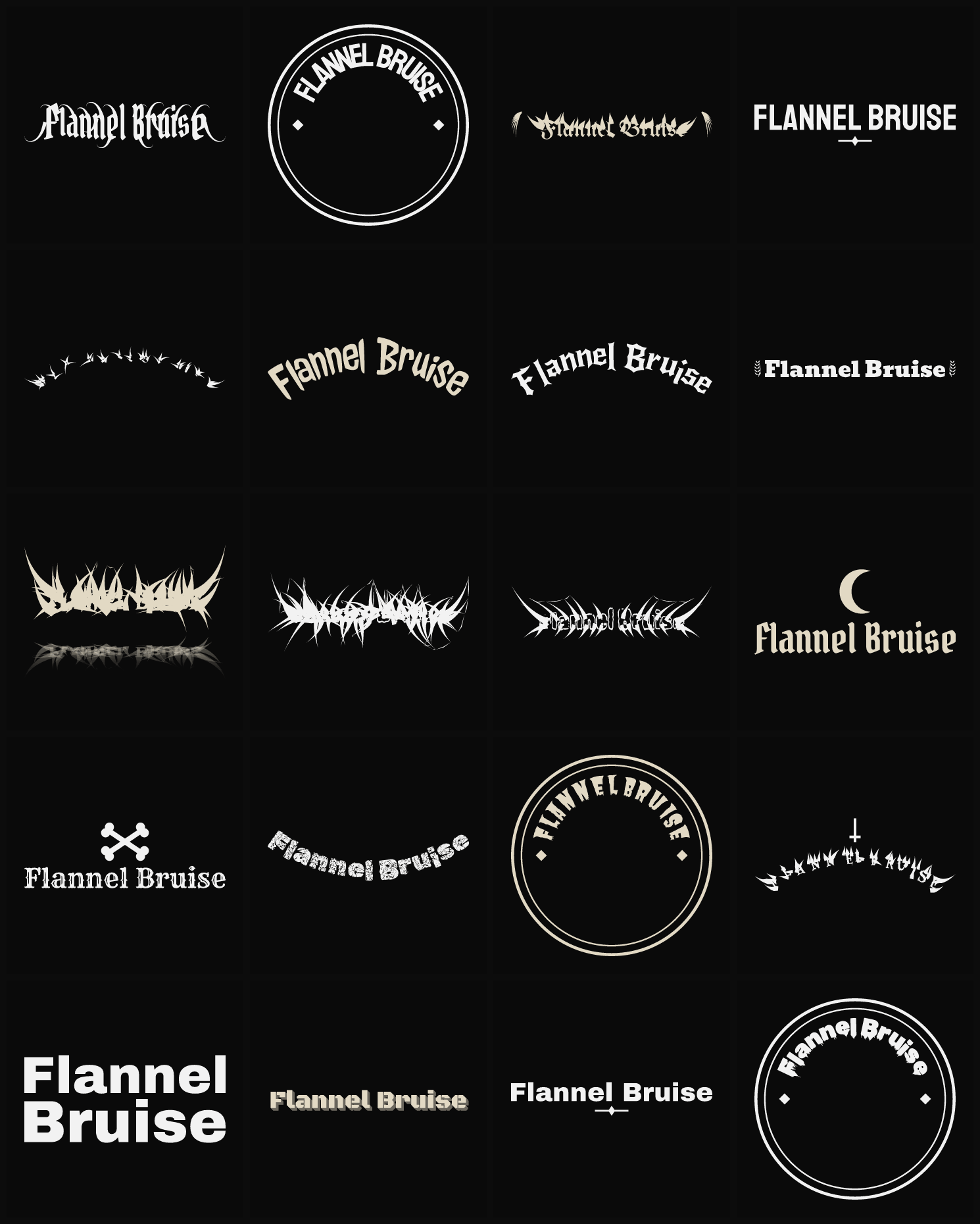 Twenty Flannel Bruise band logo ideas — different faces, treatments and spike settings