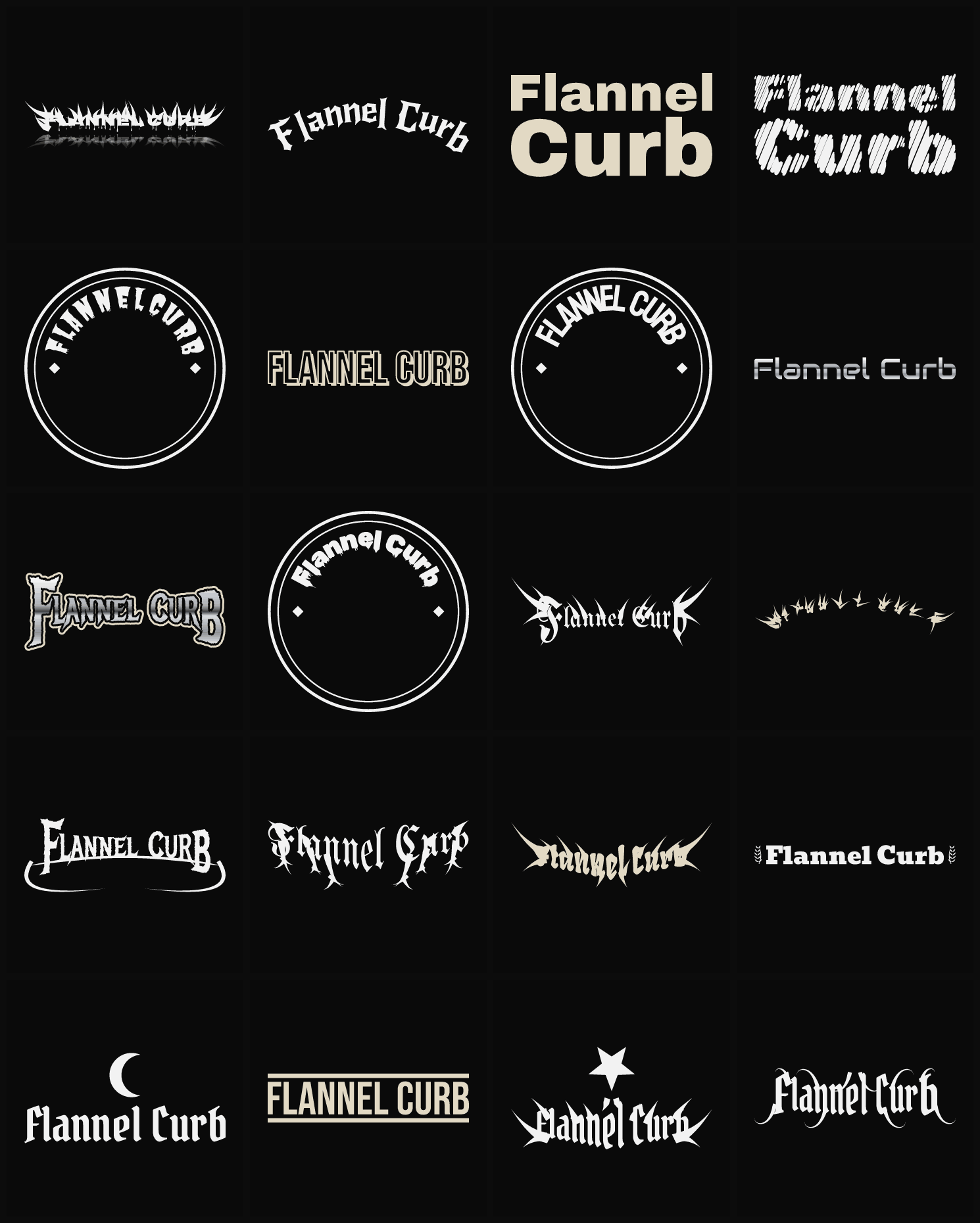 Twenty Flannel Curb band logo ideas — different faces, treatments and spike settings