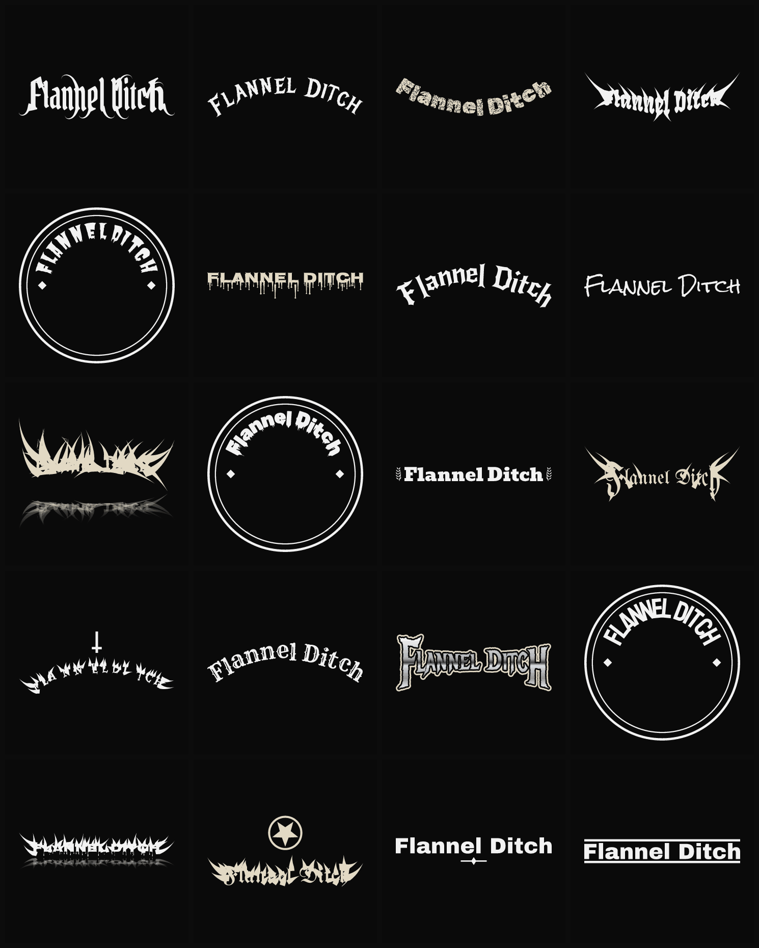 Twenty Flannel Ditch band logo ideas — different faces, treatments and spike settings