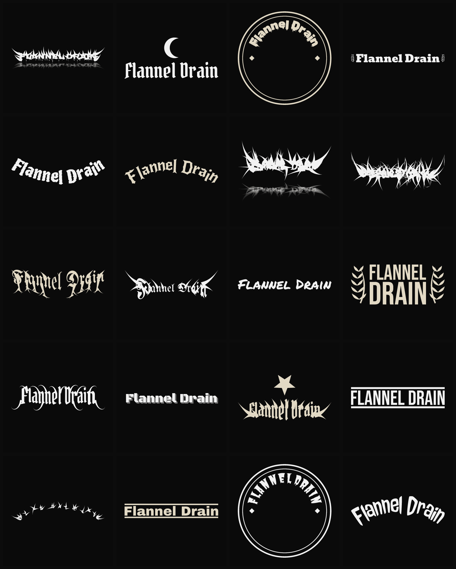 Twenty Flannel Drain band logo ideas — different faces, treatments and spike settings