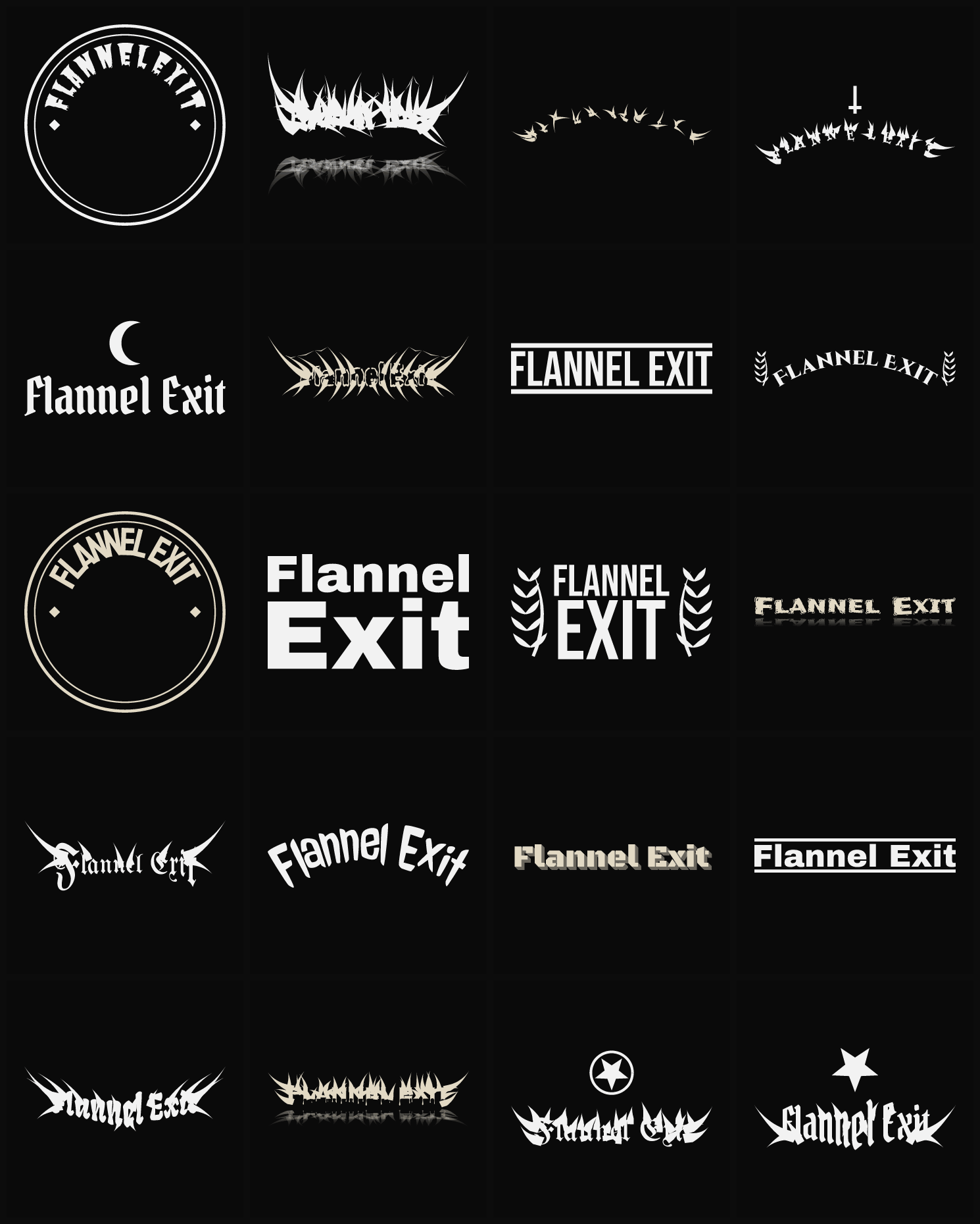 Twenty Flannel Exit band logo ideas — different faces, treatments and spike settings