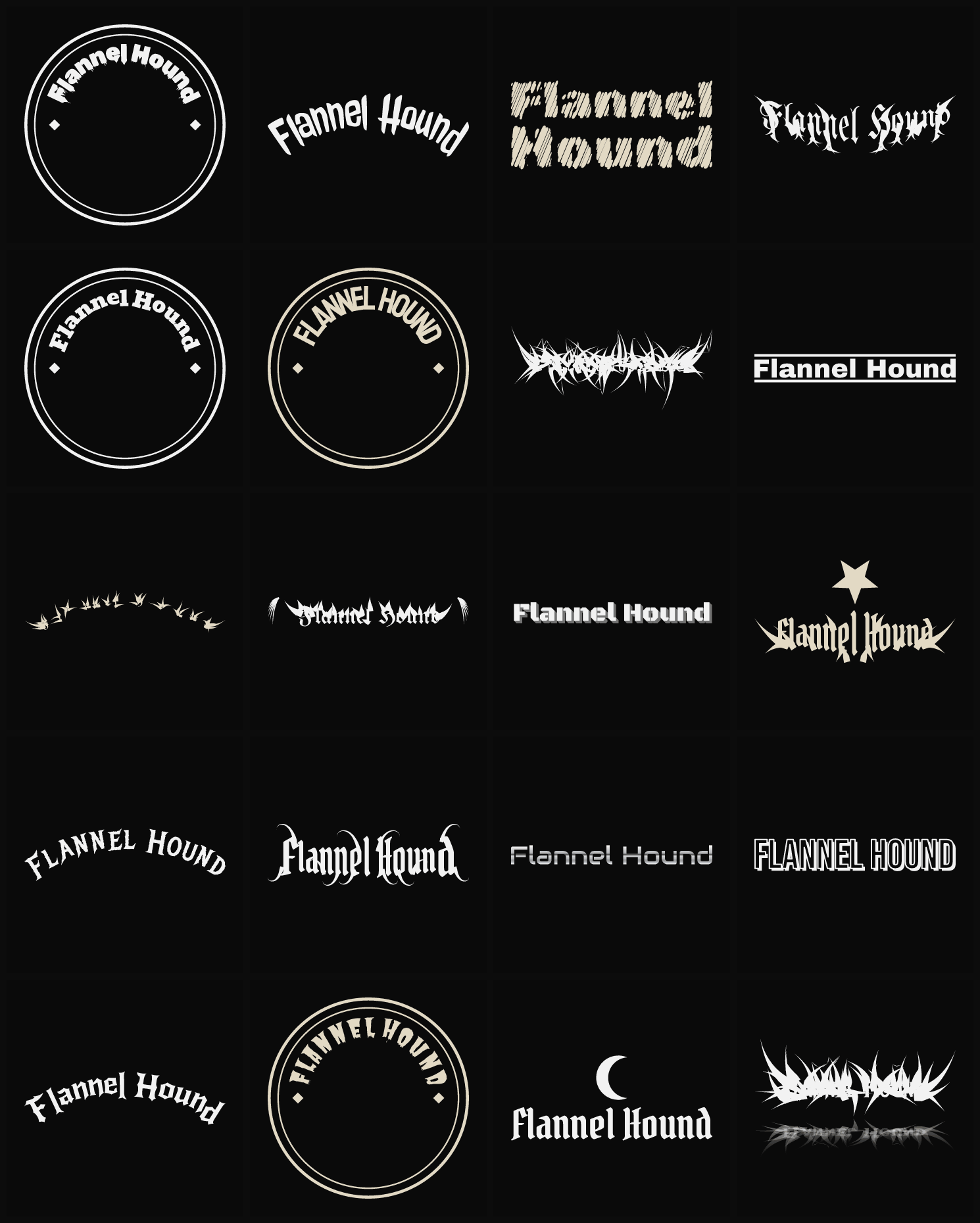 Twenty Flannel Hound band logo ideas — different faces, treatments and spike settings