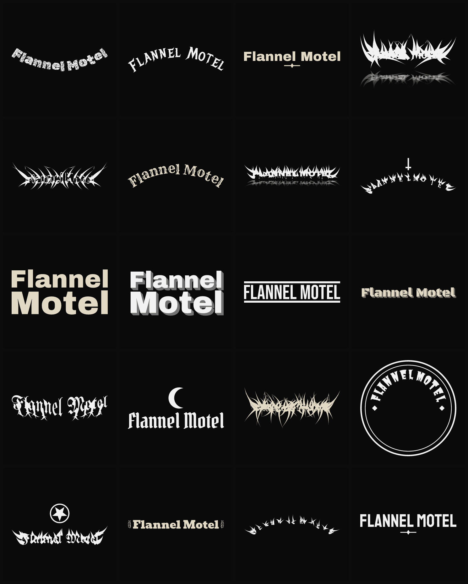 Twenty Flannel Motel band logo ideas — different faces, treatments and spike settings