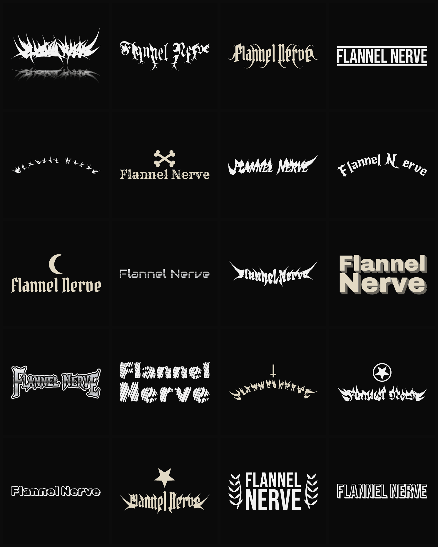 Twenty Flannel Nerve band logo ideas — different faces, treatments and spike settings