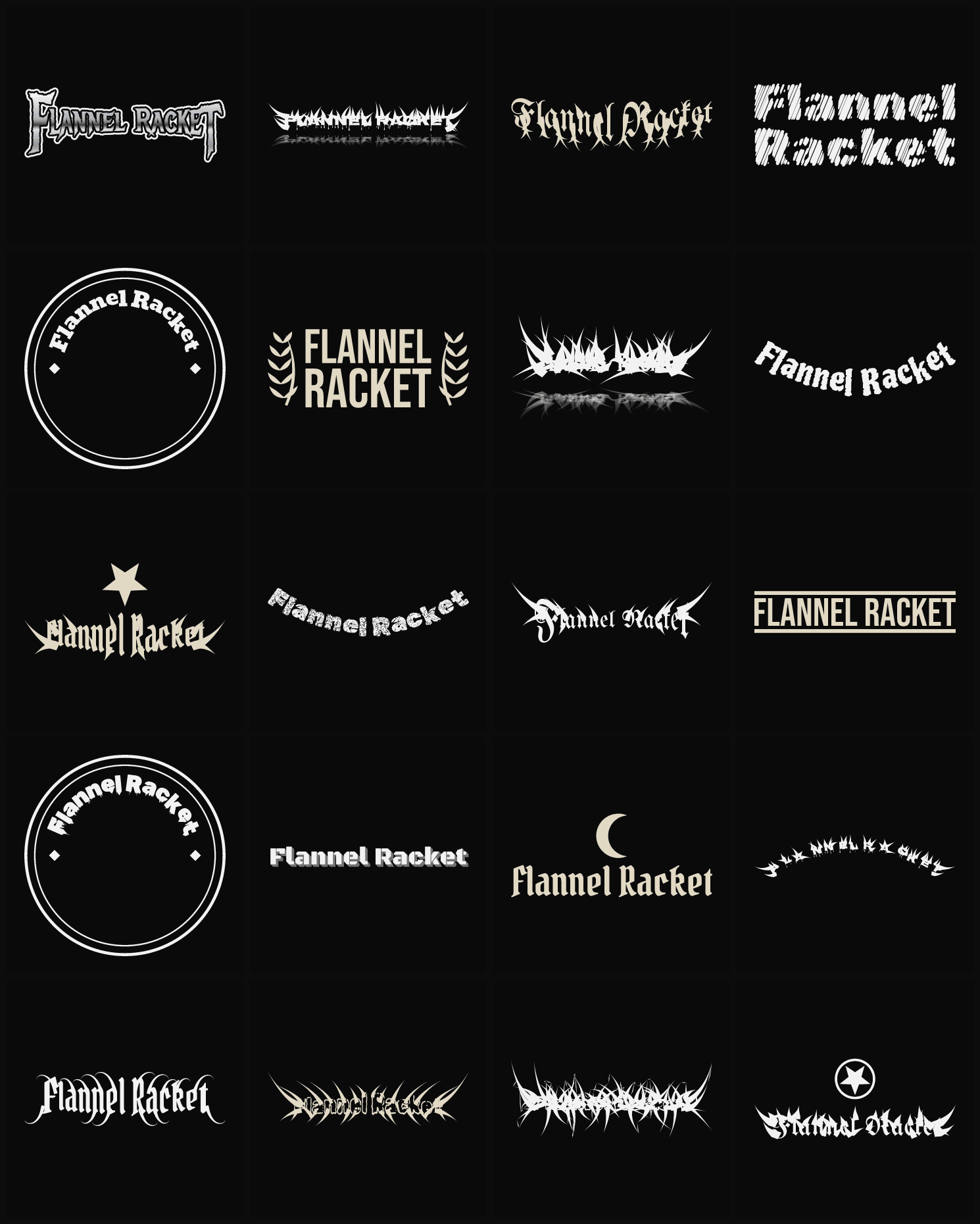 Twenty Flannel Racket band logo ideas — different faces, treatments and spike settings