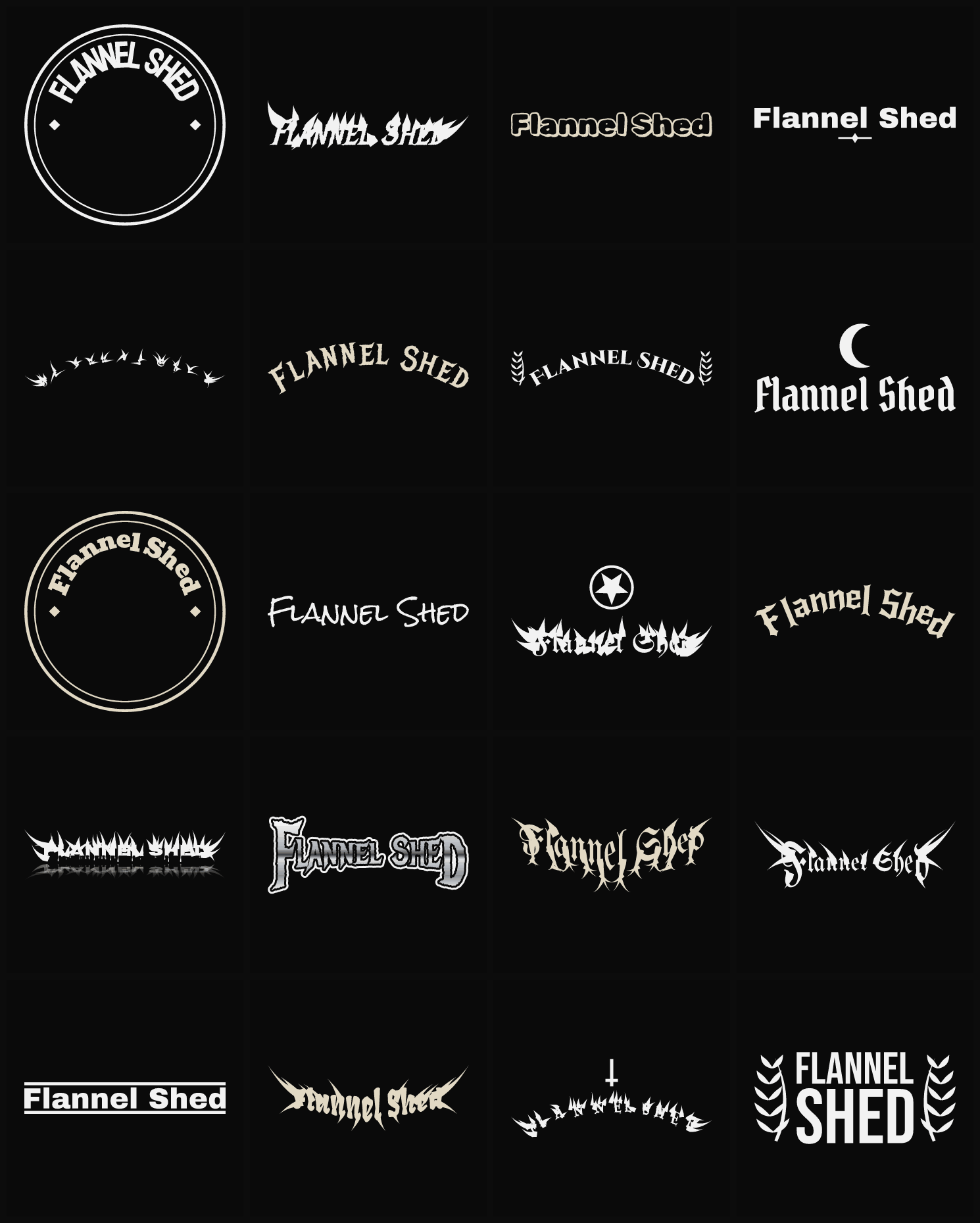 Twenty Flannel Shed band logo ideas — different faces, treatments and spike settings