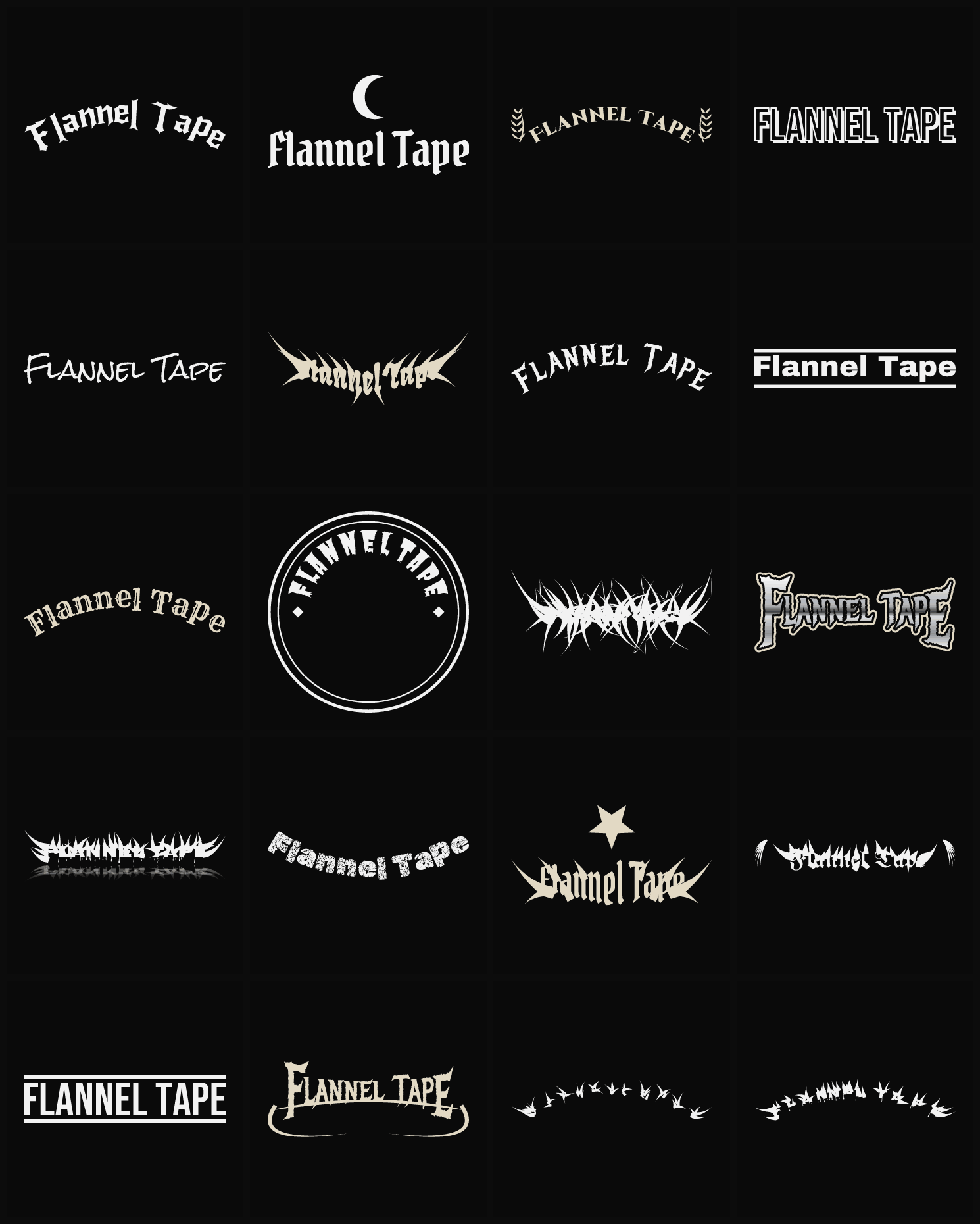 Twenty Flannel Tape band logo ideas — different faces, treatments and spike settings