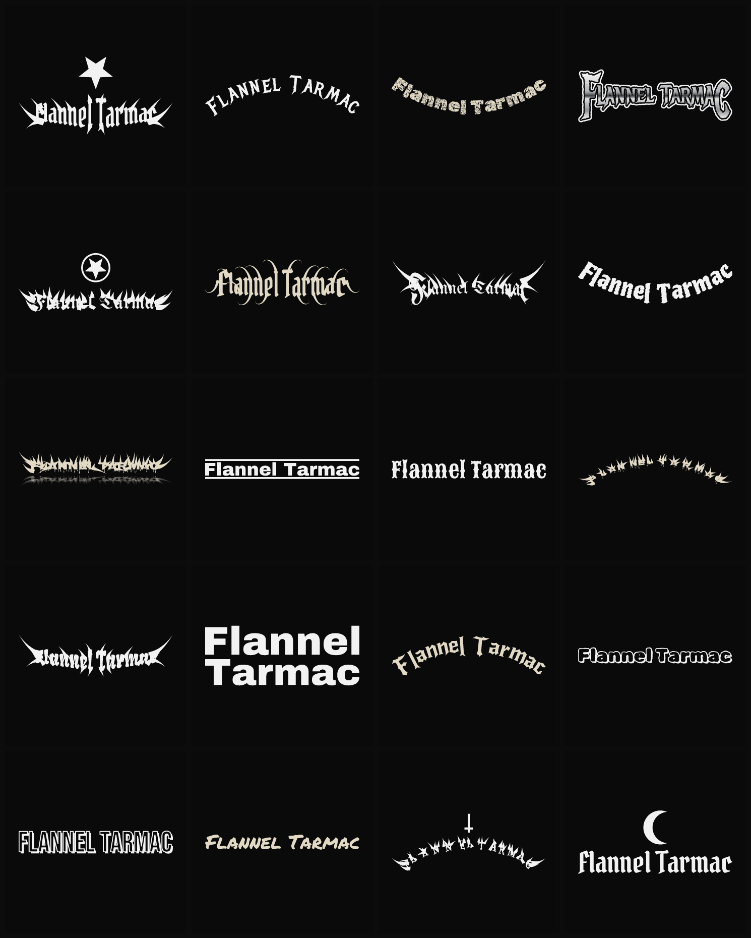 Twenty Flannel Tarmac band logo ideas — different faces, treatments and spike settings