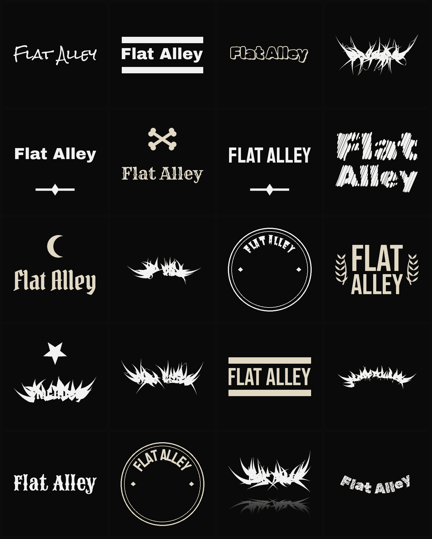 Twenty Flat Alley band logo ideas — different faces, treatments and spike settings