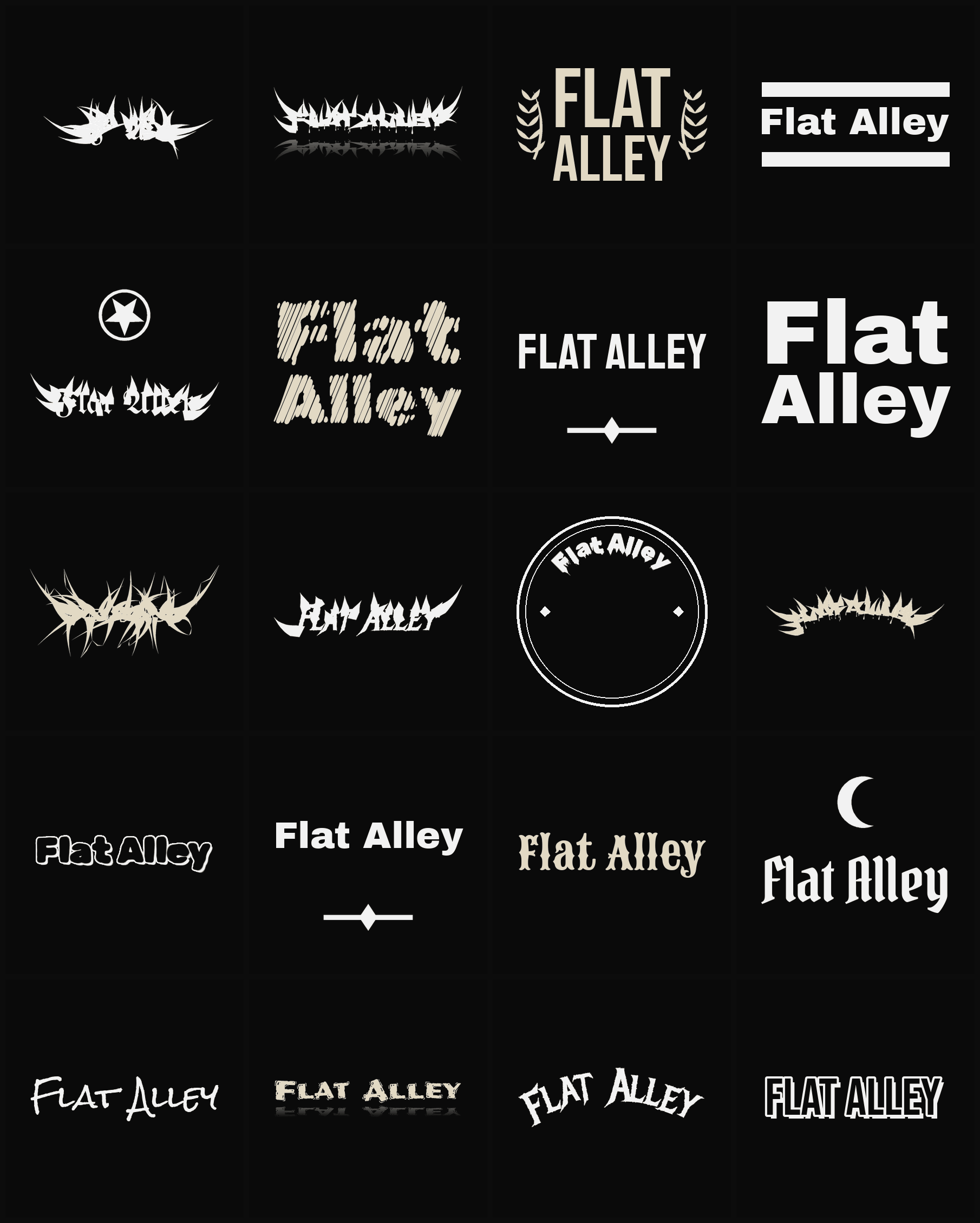 Twenty Flat Alley band logo ideas — different faces, treatments and spike settings
