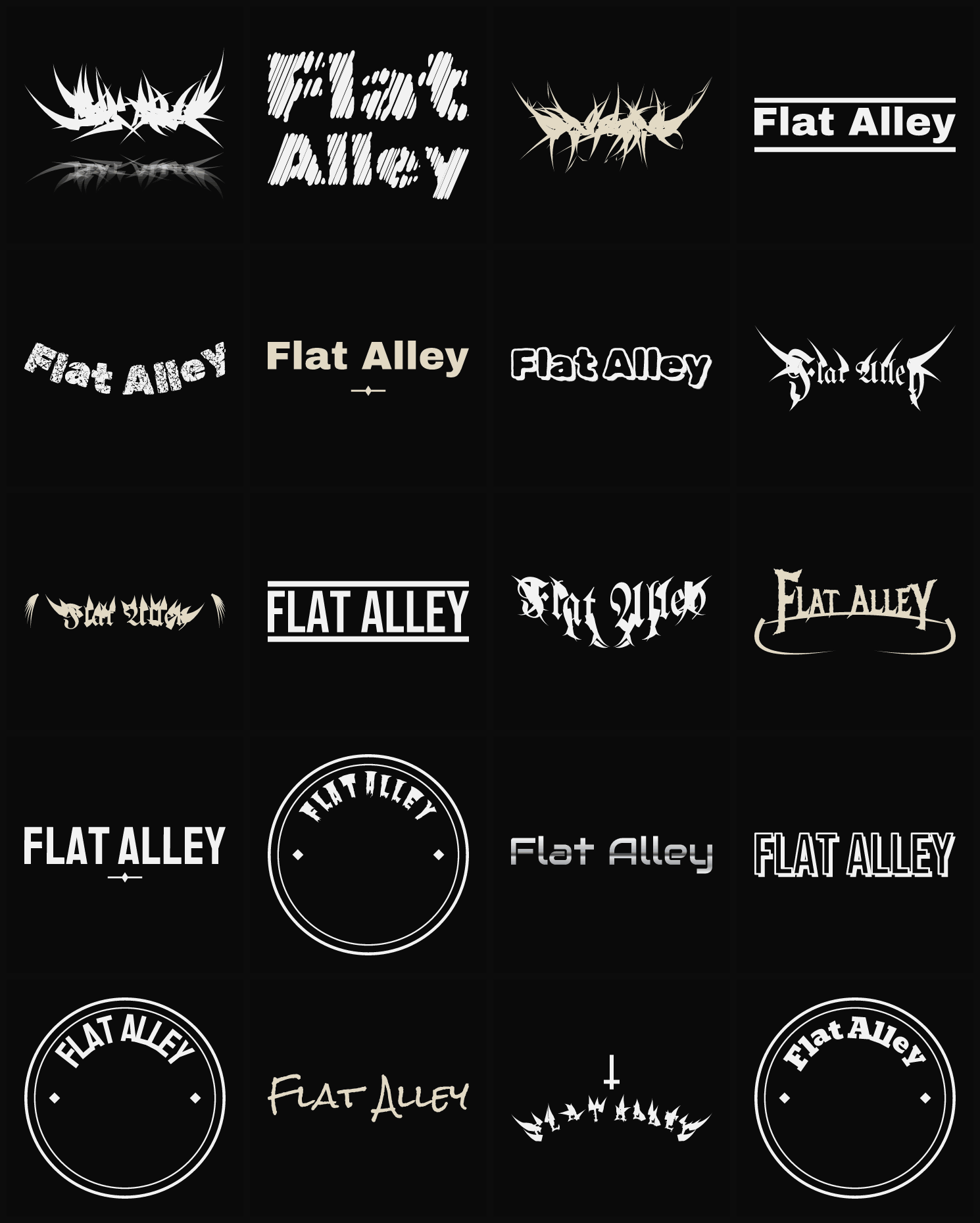 Twenty Flat Alley band logo ideas — different faces, treatments and spike settings