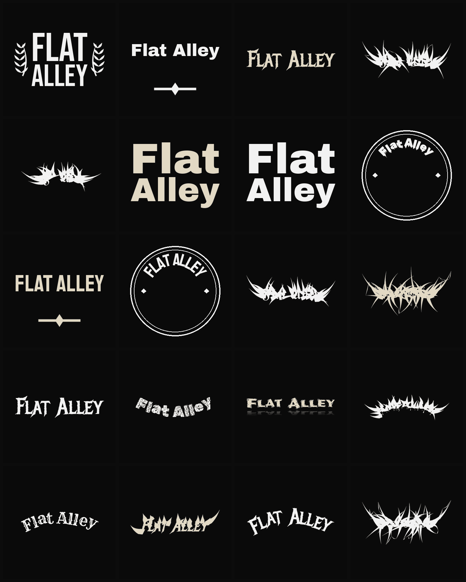 Twenty Flat Alley band logo ideas — different faces, treatments and spike settings