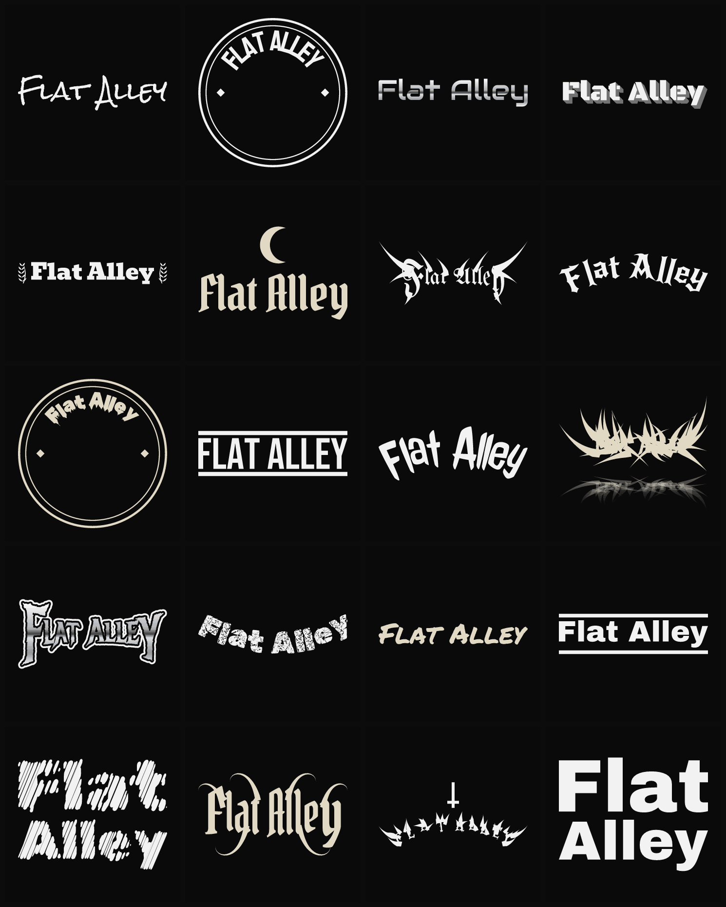 Twenty Flat Alley band logo ideas — different faces, treatments and spike settings