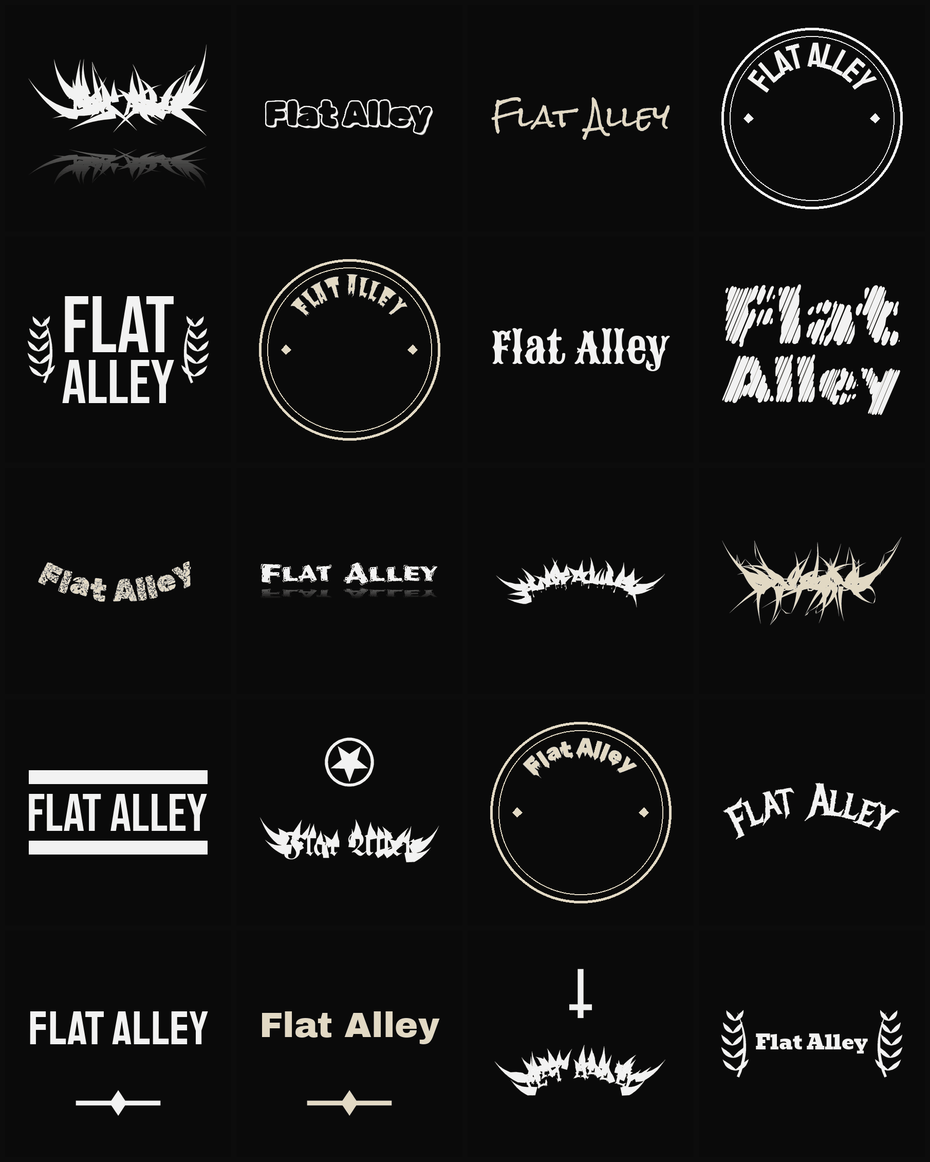 Twenty Flat Alley band logo ideas — different faces, treatments and spike settings