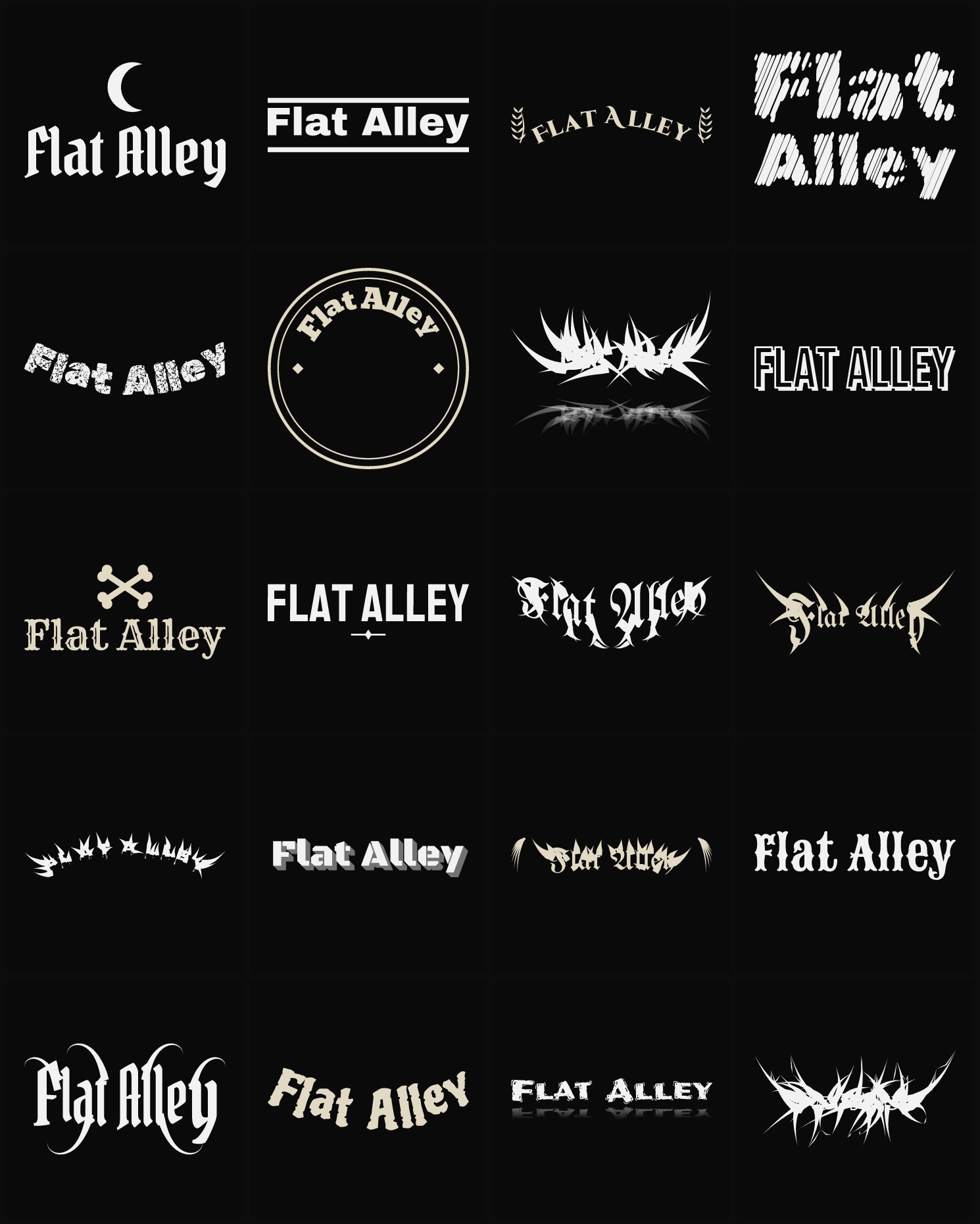 Twenty Flat Alley band logo ideas — different faces, treatments and spike settings
