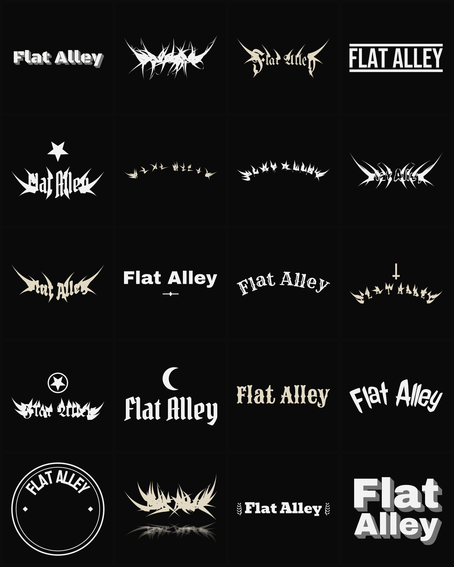 Twenty Flat Alley band logo ideas — different faces, treatments and spike settings
