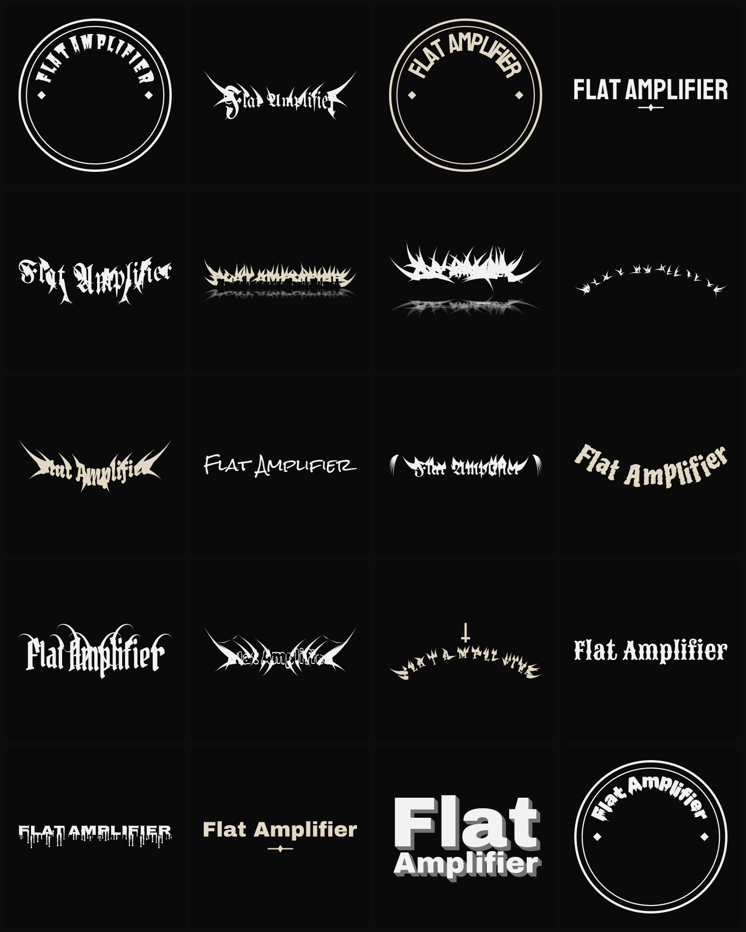 Twenty Flat Amplifier band logo ideas — different faces, treatments and spike settings