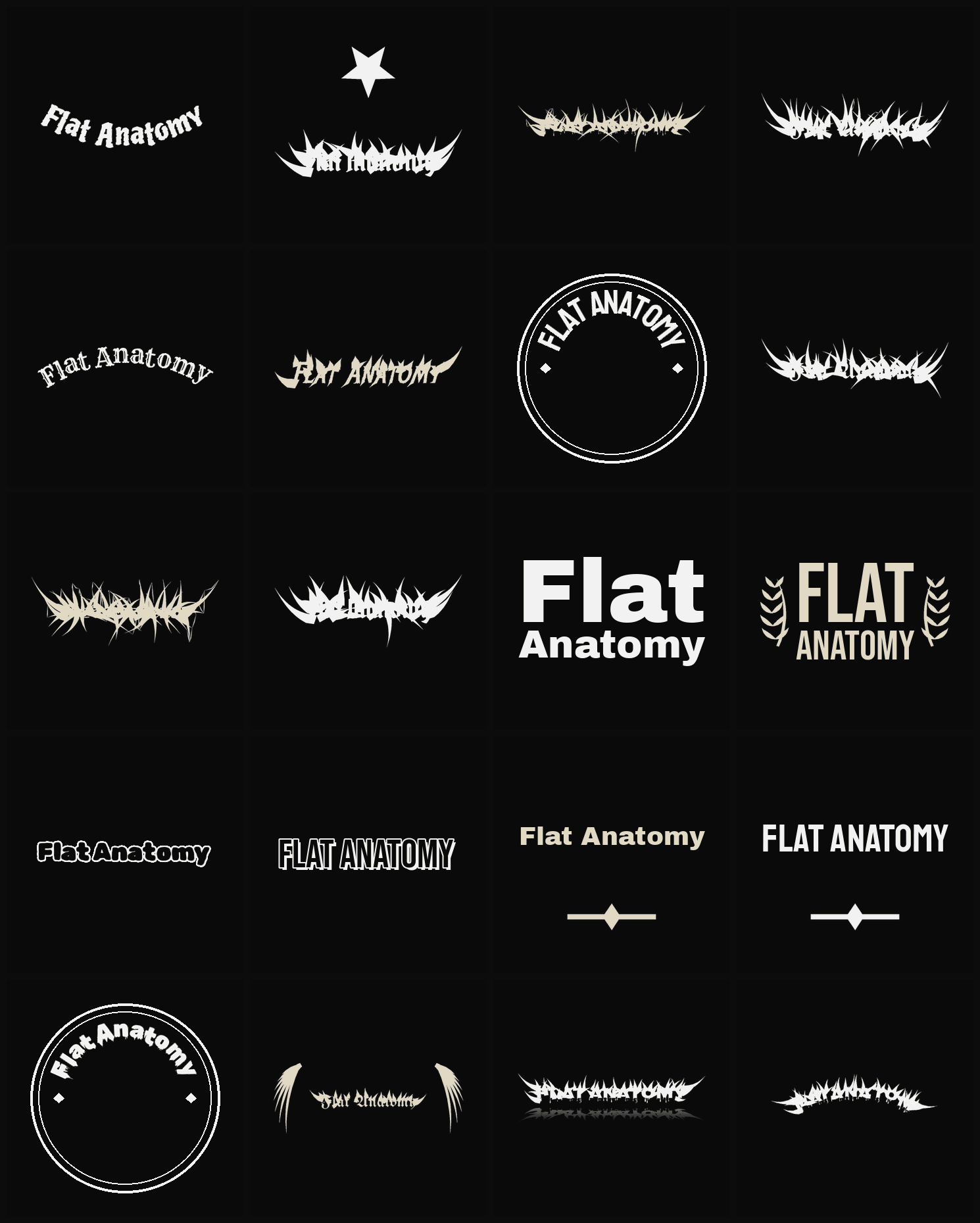 Twenty Flat Anatomy band logo ideas — different faces, treatments and spike settings