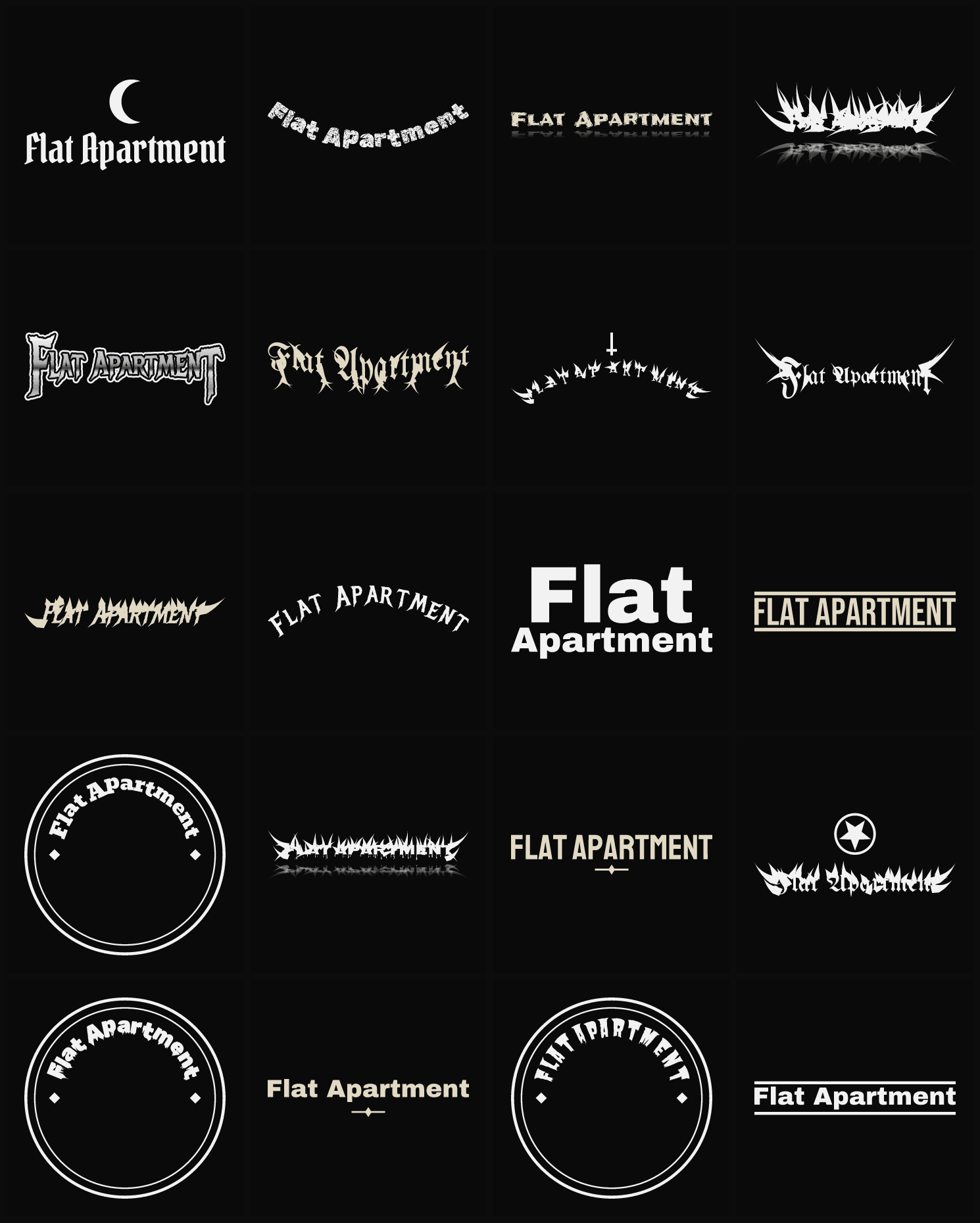 Twenty Flat Apartment band logo ideas — different faces, treatments and spike settings
