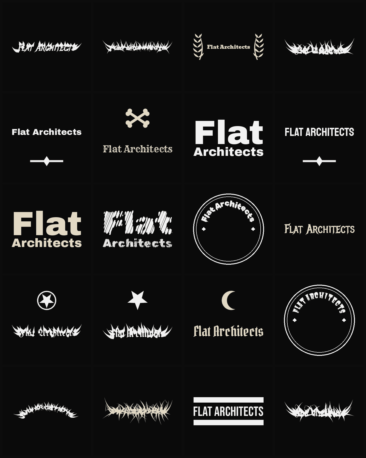 Twenty Flat Architects band logo ideas — different faces, treatments and spike settings