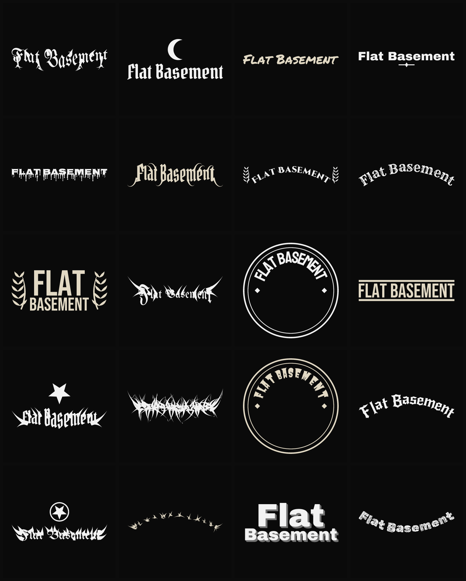 Twenty Flat Basement band logo ideas — different faces, treatments and spike settings