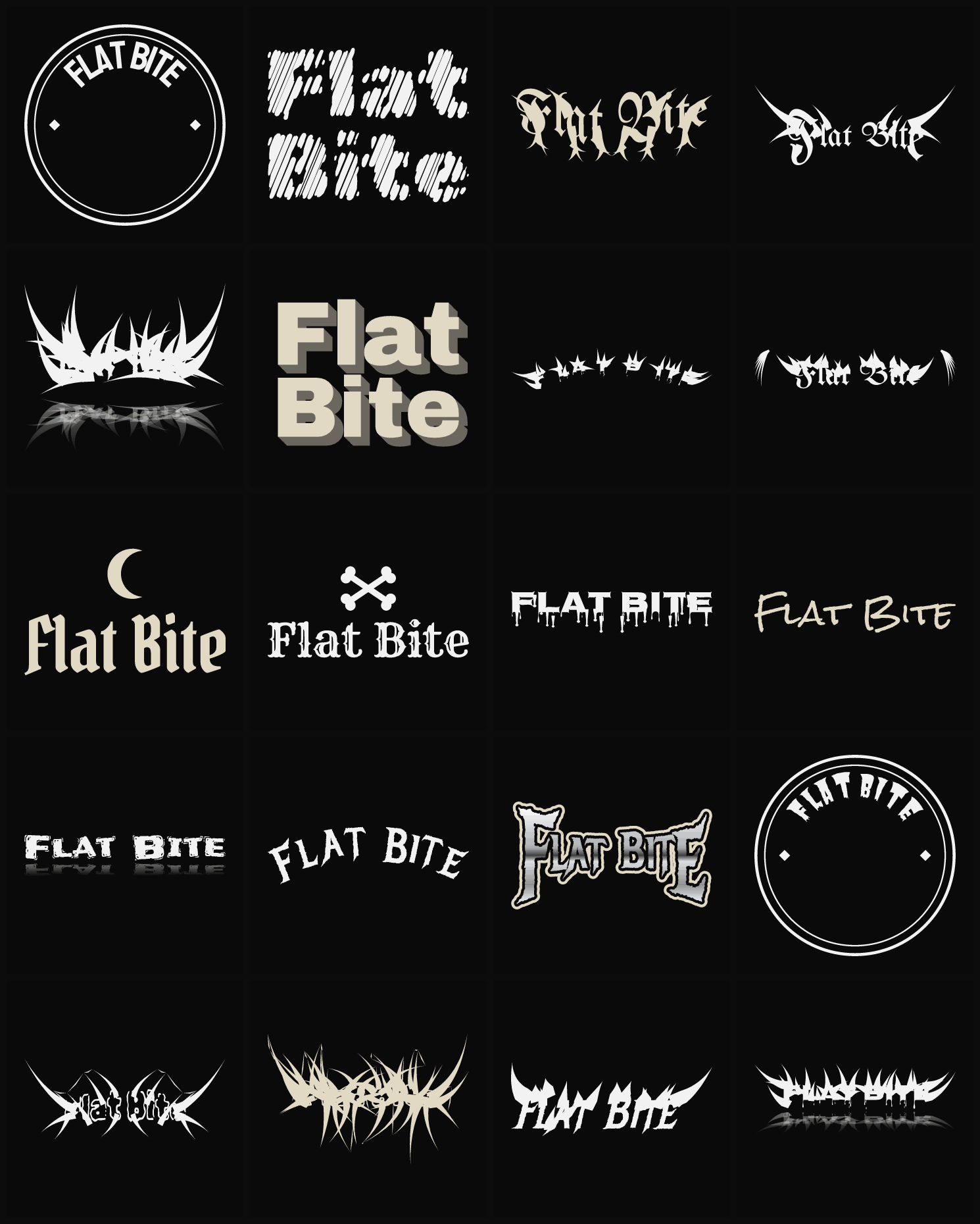 Twenty Flat Bite band logo ideas — different faces, treatments and spike settings