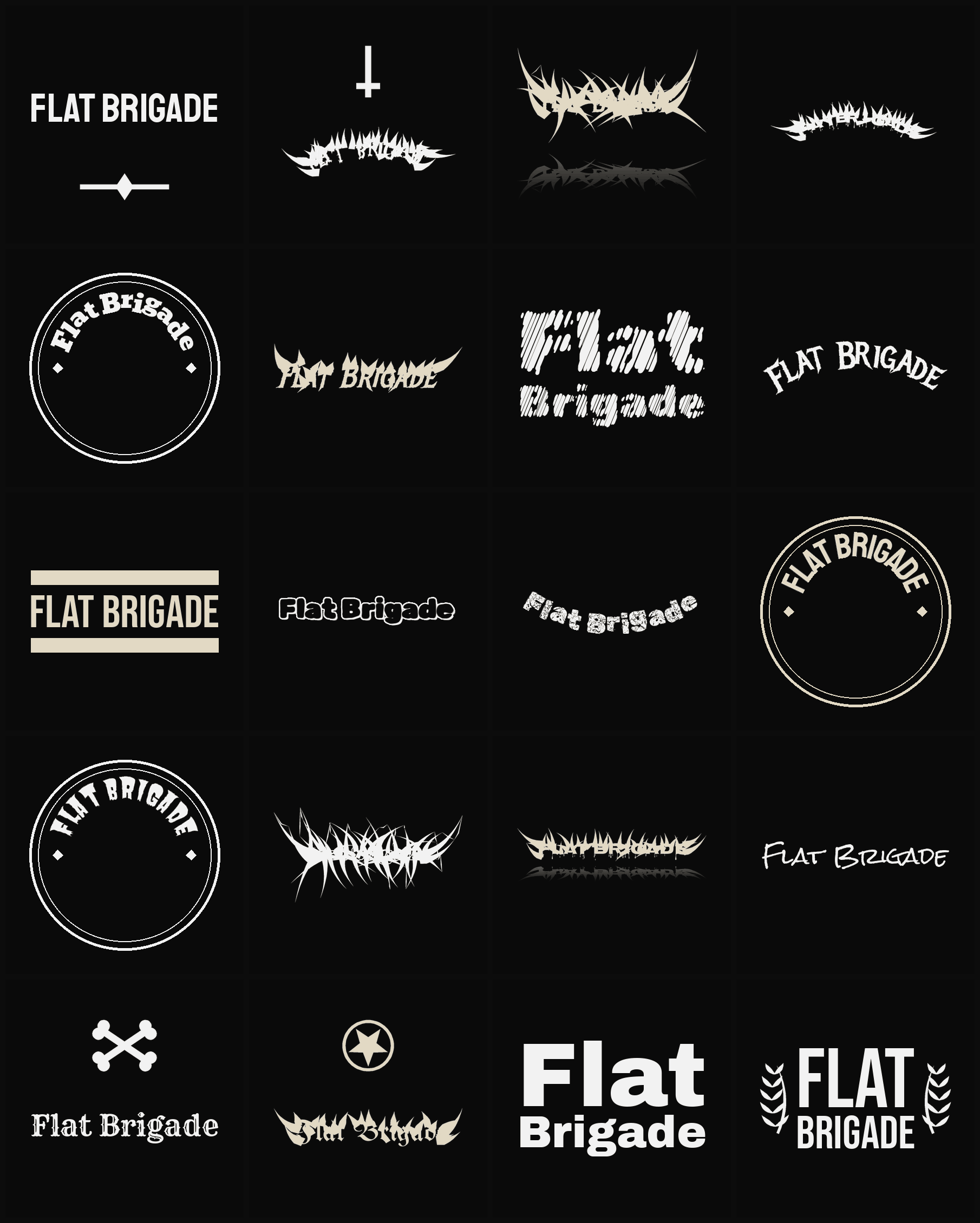 Twenty Flat Brigade band logo ideas — different faces, treatments and spike settings