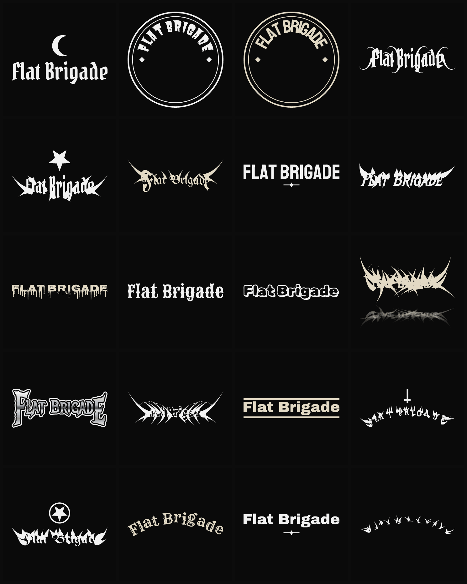 Twenty Flat Brigade band logo ideas — different faces, treatments and spike settings