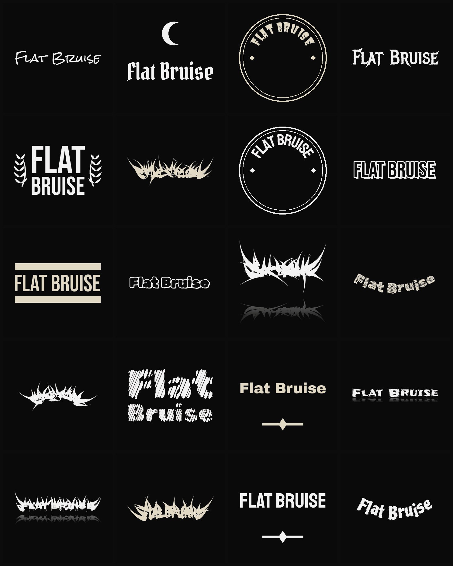 Twenty Flat Bruise band logo ideas — different faces, treatments and spike settings