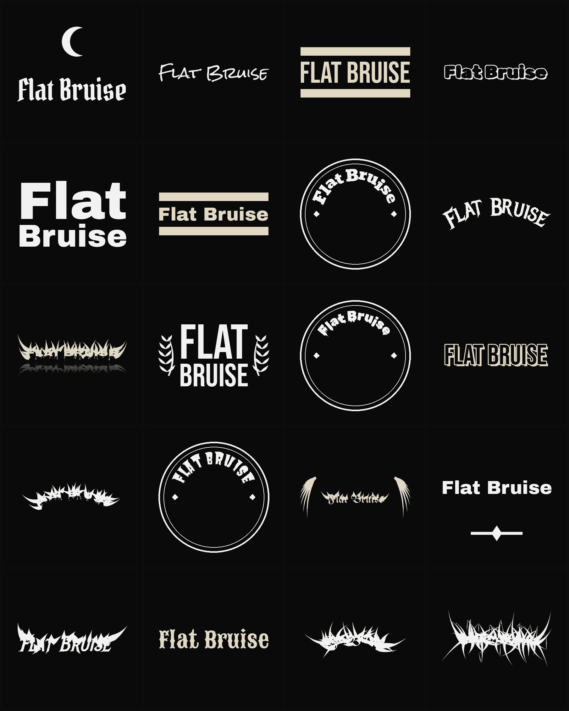 Twenty Flat Bruise band logo ideas — different faces, treatments and spike settings