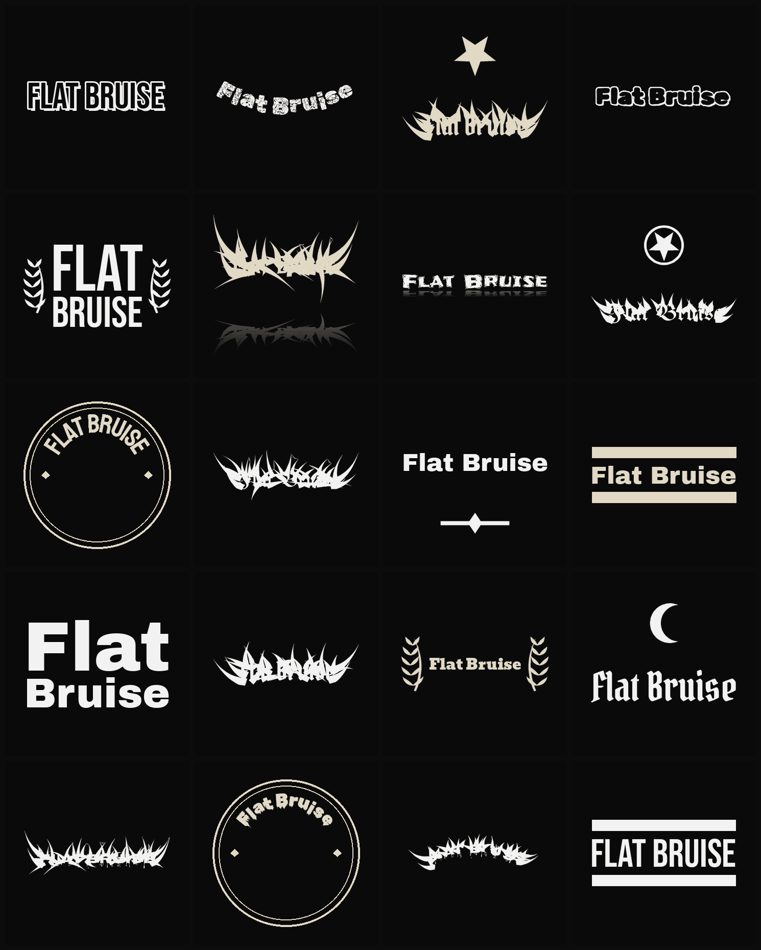Twenty Flat Bruise band logo ideas — different faces, treatments and spike settings
