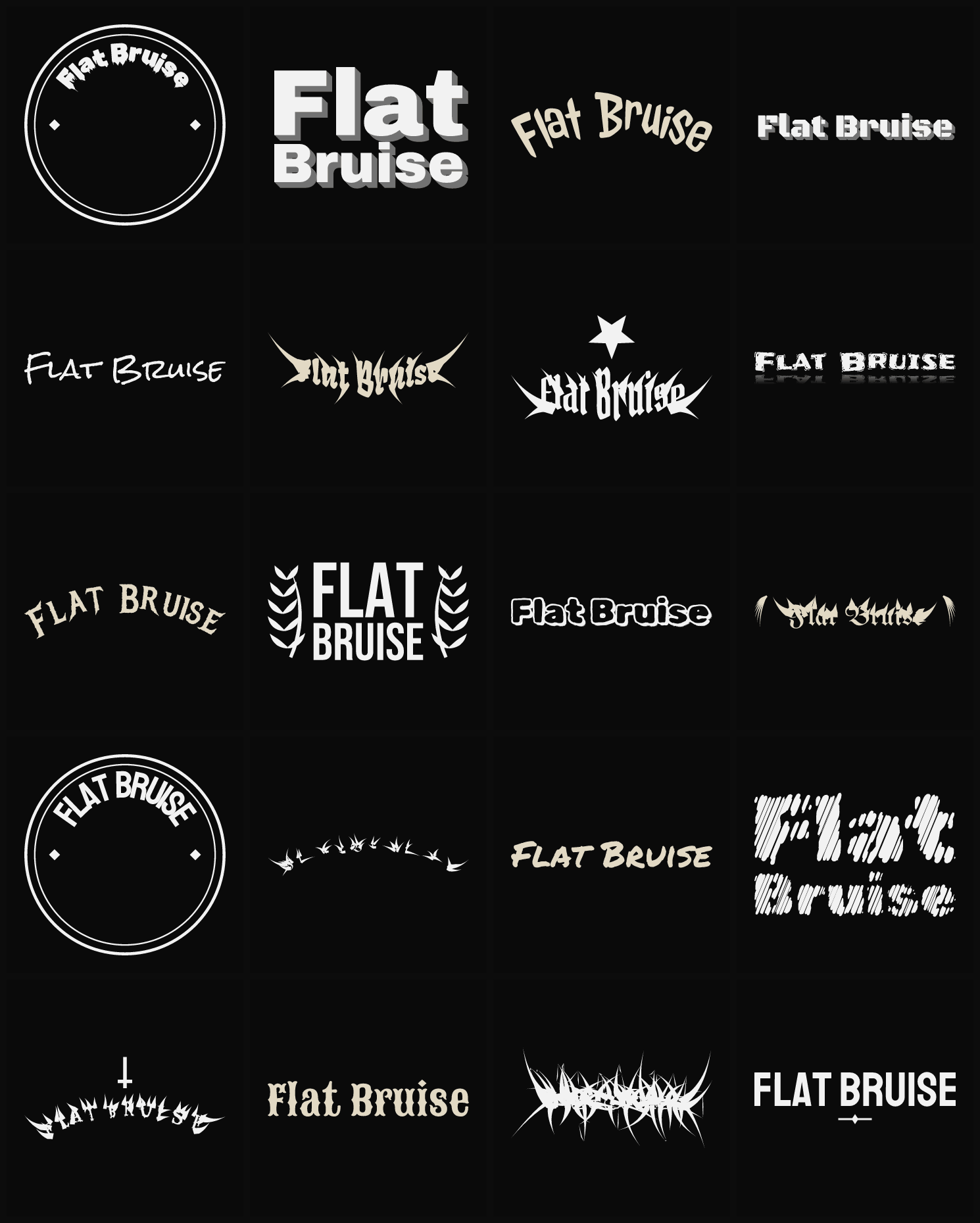Twenty Flat Bruise band logo ideas — different faces, treatments and spike settings