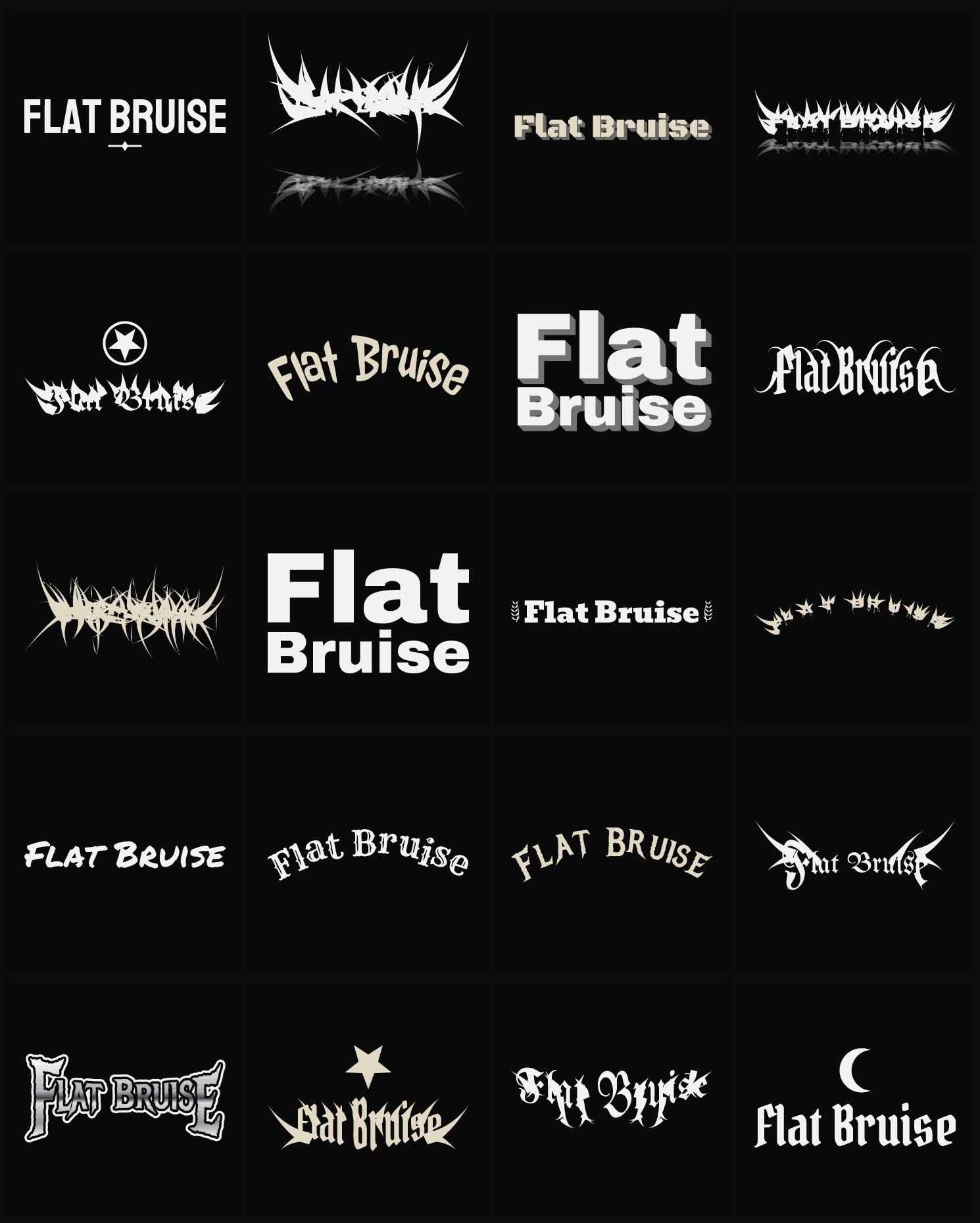 Twenty Flat Bruise band logo ideas — different faces, treatments and spike settings